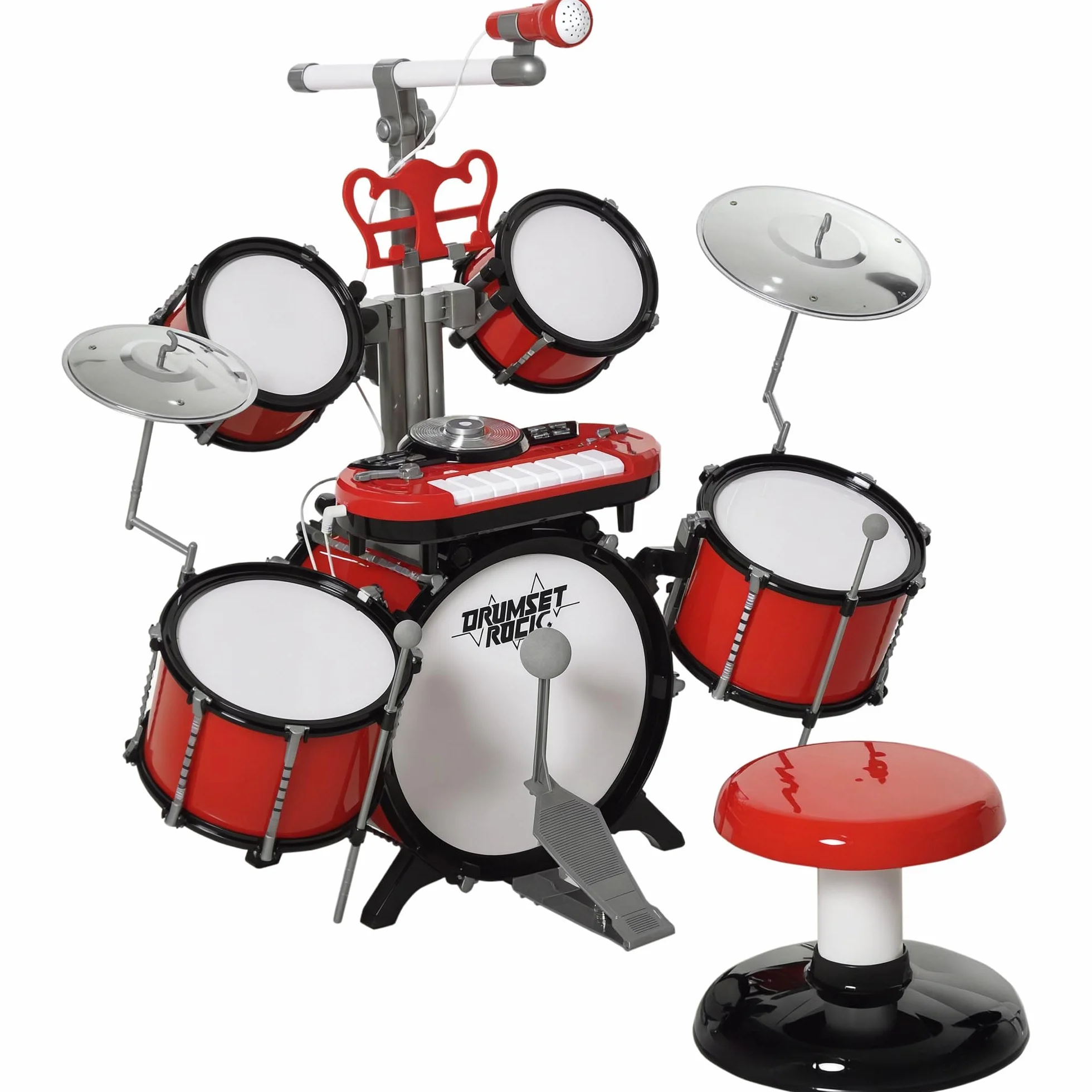 HOMCOM Set Batteria per Bambini con Strumenti Musicali, Batteria Jazz con 5 Tamburi e Sgabello, Giocattolo Musicale Educativo per Bambini, Effetti Sonori e Microfono Giocattolo, 77.5x40x76.5cm, Rosso