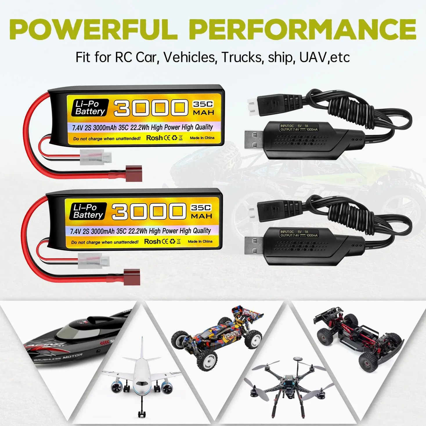 2PCS 7.4V 3000mAh 2S Lipo batteria 35C T-plug con cavo di ricarica USB per RC Auto Camion RC Barca RC Quadcopter FPV Drone Batteria