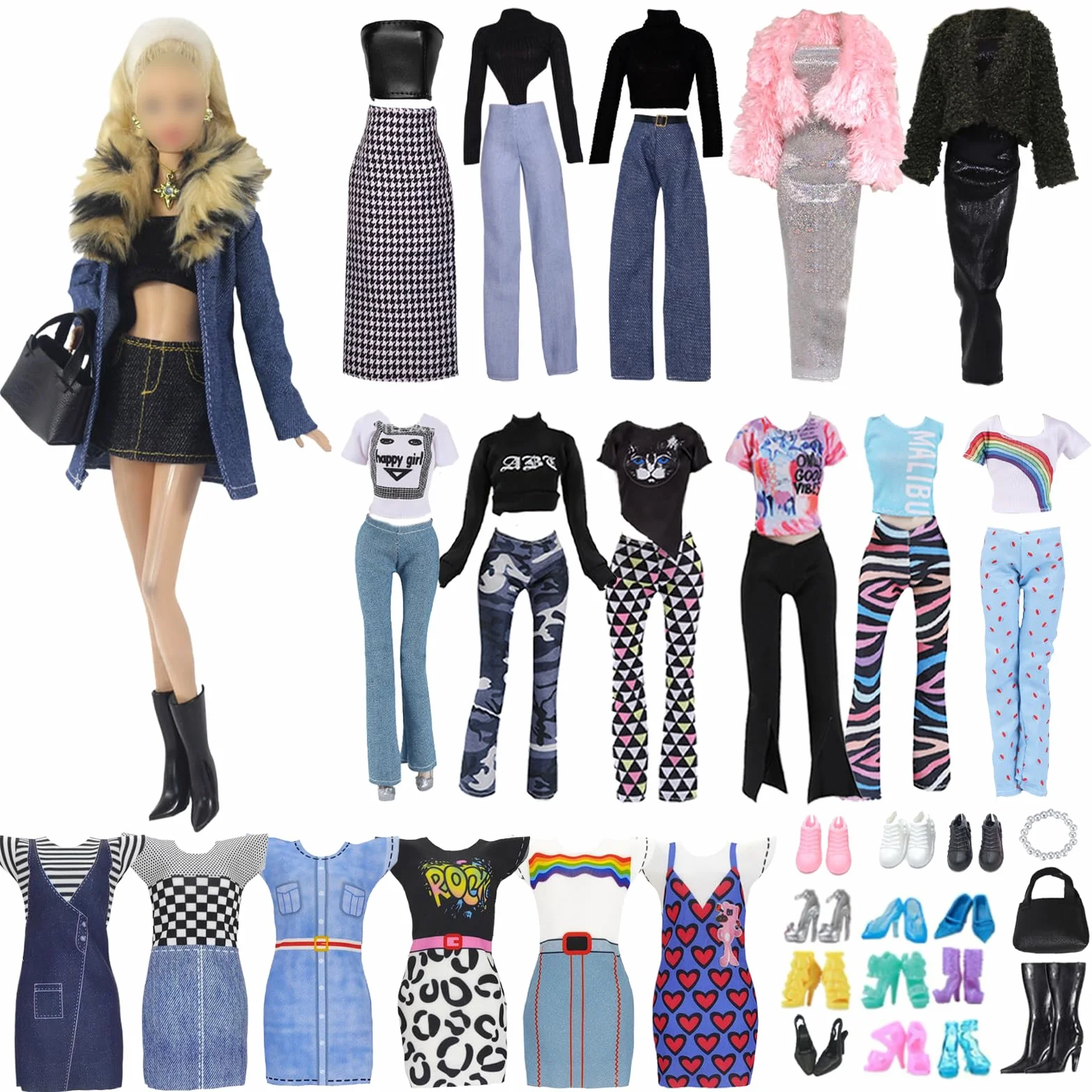 Set di 18 vestiti per bambola, elegante con colletto in pelle di jeans, mantello in pelliccia, abbigliamento sportivo per la casa