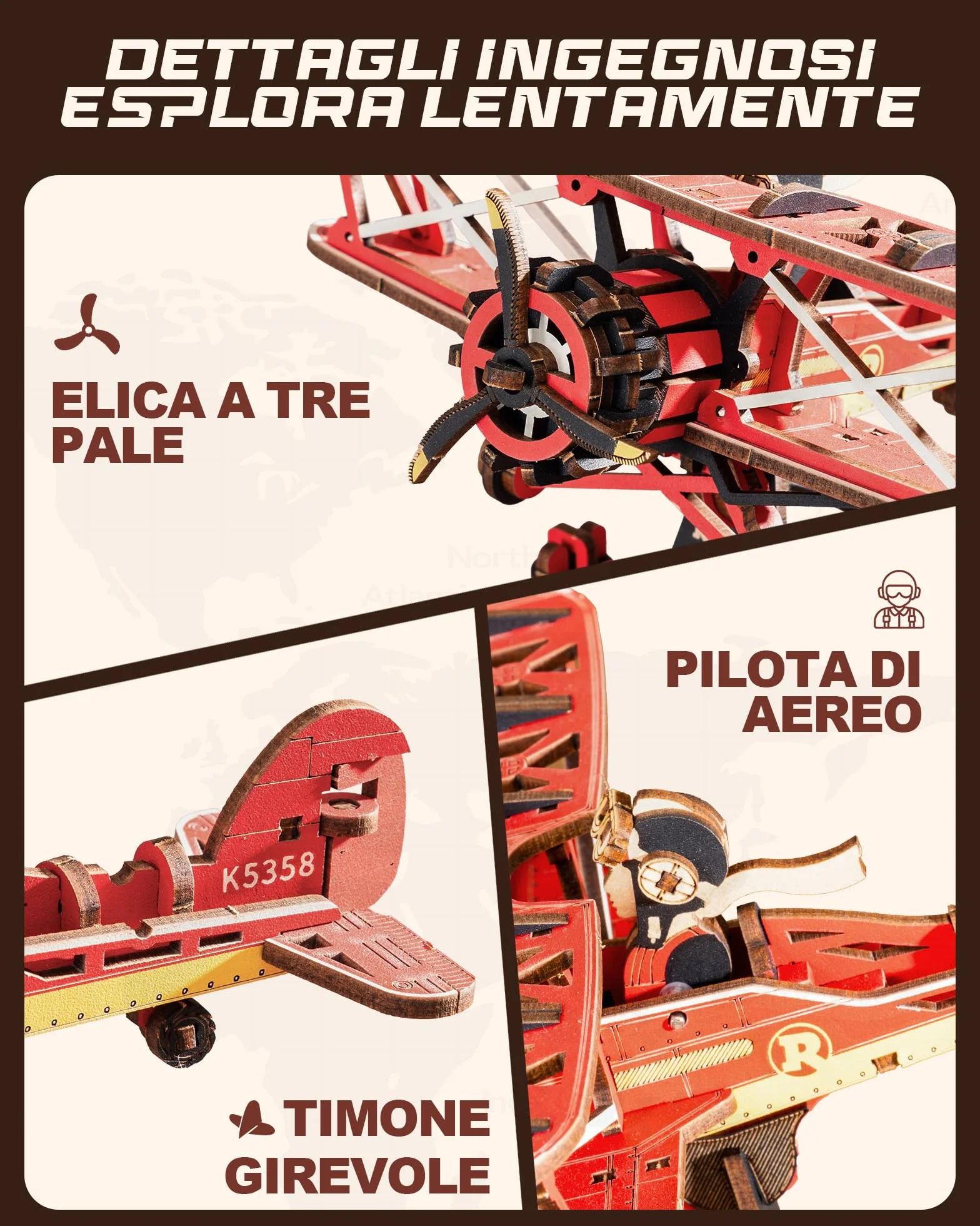 ROKR 3D Puzzle in Legno Aereo, Modellismo da costruire Adulti Capitano del cielo, Oscillazione Gravitazionale Decorazione, Regali per adulti e bambini, Sky Captain MCD01