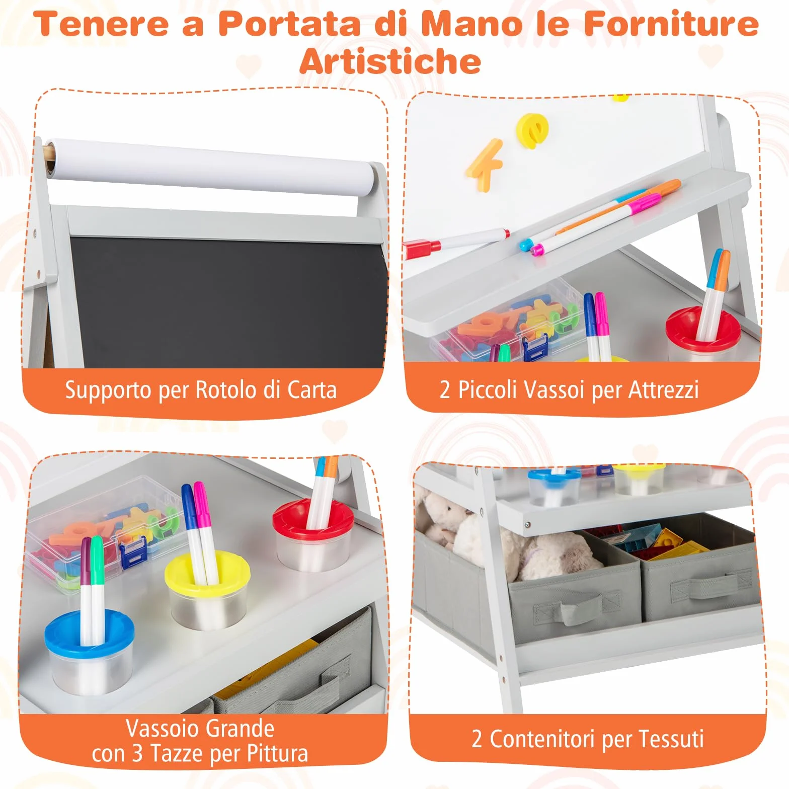 COSTWAY 3 in 1 Cavalletto per Bambini, Cavalletto con Doppia Faccia Magnetica e Lavagna Bianca, Rotolo di Carta, 3 Bicchieri per Vernice e 2 Cestini in Tessuto, per Bambini 3-6 Anni (Grigio)