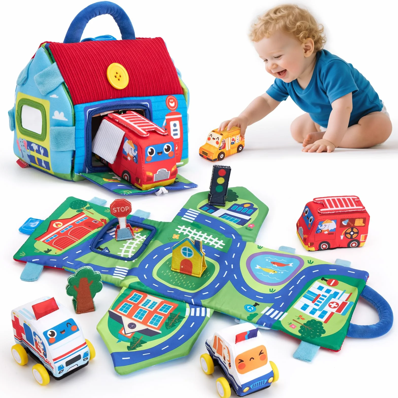 hahaland Giochi Neonato 6 9 12 Mesi - 4 PCS Peluche Macchinine per Bambini con 2 in 1 Borsa & Tappetino da Gioco - Giochi Montessori 1 Anno Regalo per Bimbo Bimba