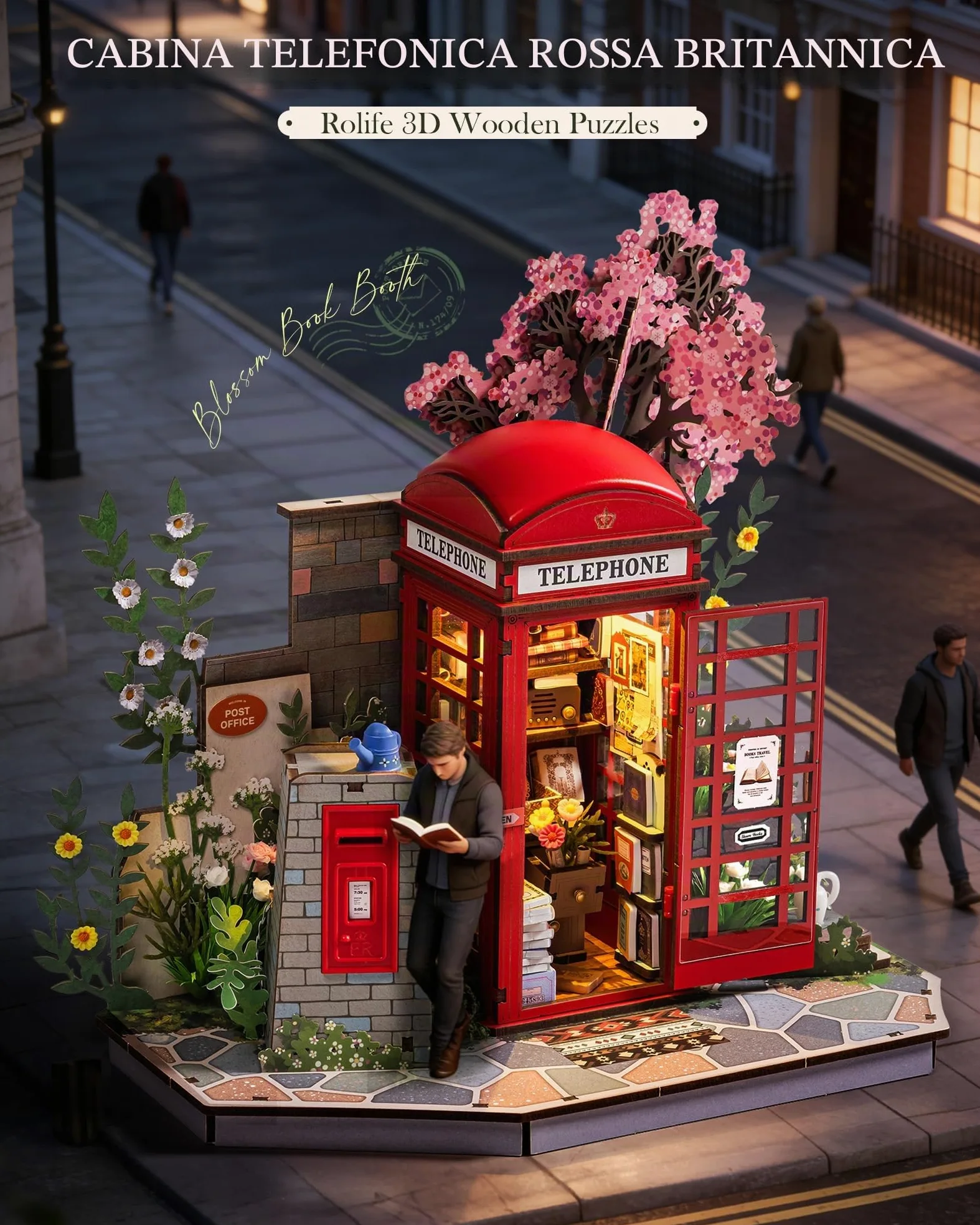 Rolife Puzzle 3D in Legno Cabina Telefonica Rossa di Londra Blossom Chiosco di Libri Modellino Fai da Te per Adulti con Luci LED Decorazione per la Casa Idea Regalo Creativa per Viaggiatori