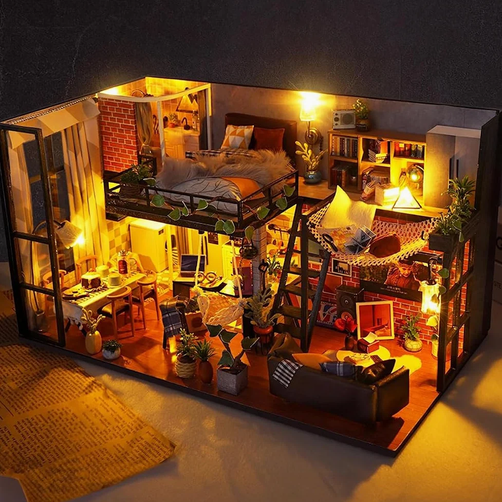 Kit fai da te in miniatura per casa delle bambole con copertura antipolvere, kit fai da te per casa delle bambole in legno per stanza creativa, mini kit di costruzione per adulti