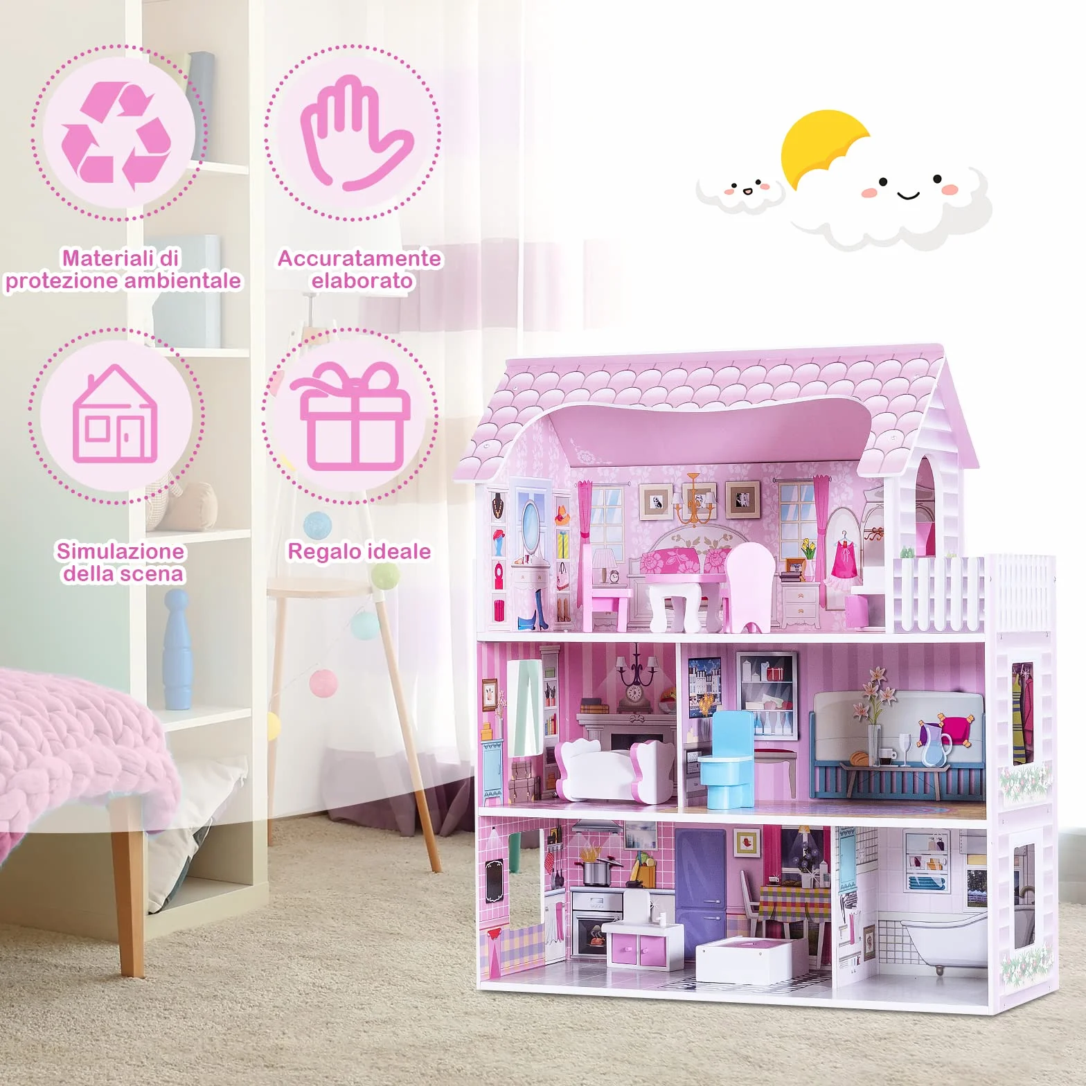RELAX4LIFE Casa delle Bambole in Legno, 3 Piani, 5 Stanze, Mobili Rimovibili, Design Multicolore, Giocattolo Educativo per Bambini(Tre Piani delle Scoperte)