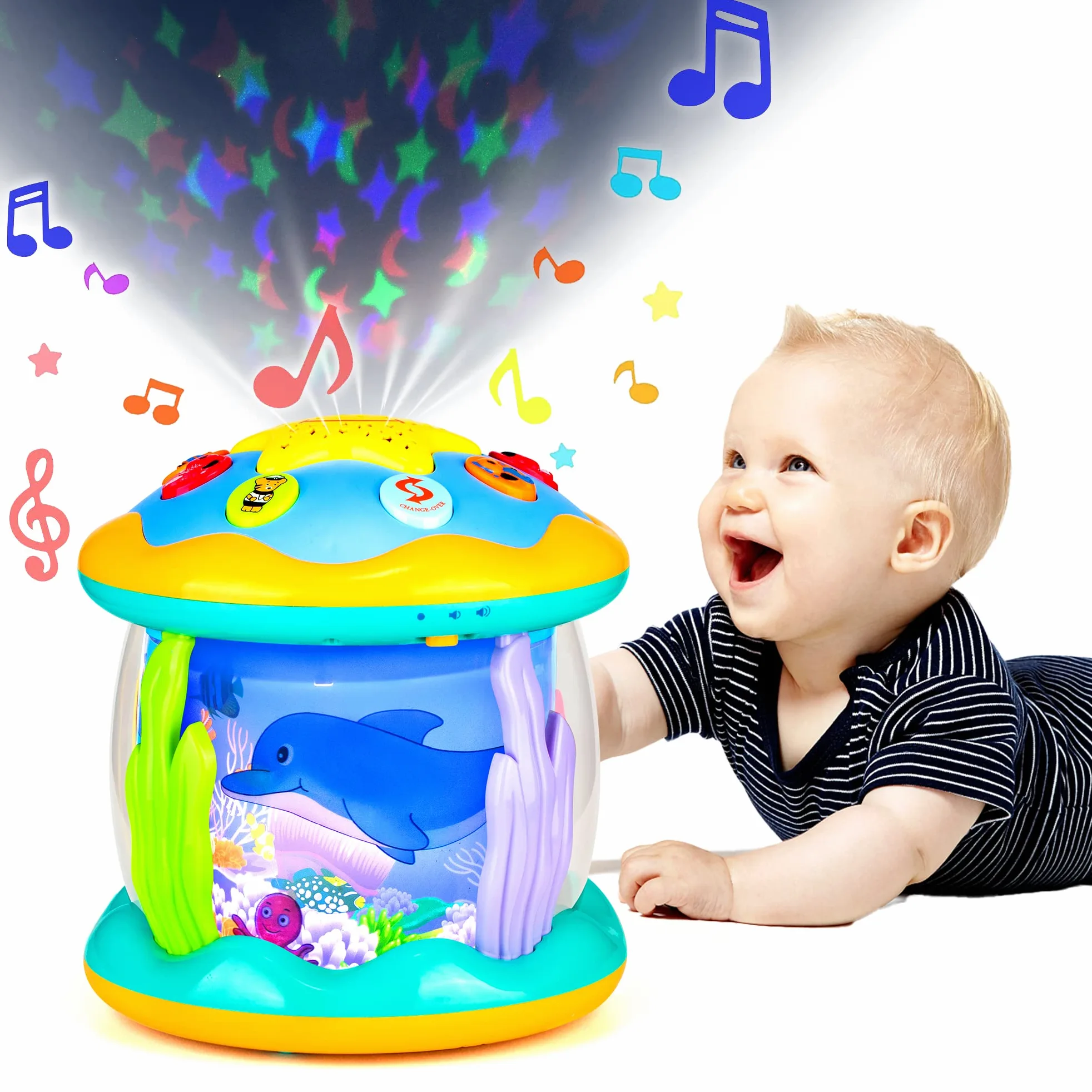 Giocattoli per bambini da 6 a 12 mesi, giocattoli musicali con luce per la pancia, giocattoli per bambini da 3 a 6 7 8 9 12 18 mesi, giocattoli per gattonare, proiettore oceano rotante