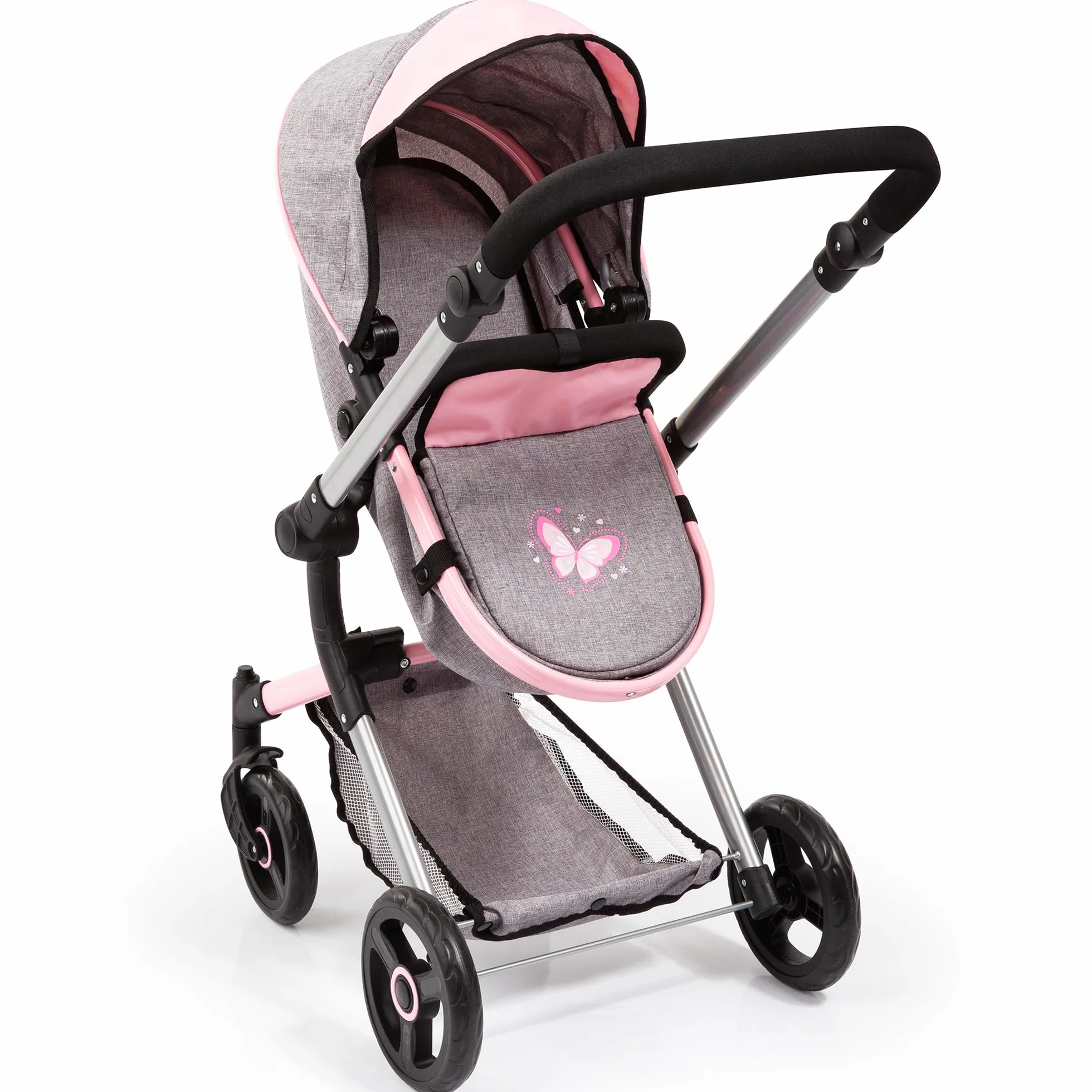 Bayer Design- Passeggino Neo Vario, Carrozzina per Bambole, Regolabile in Altezza, con Cesto e Borsa fasciatoio, Colore Grigio, Rosa, Farfalla, 18433AA