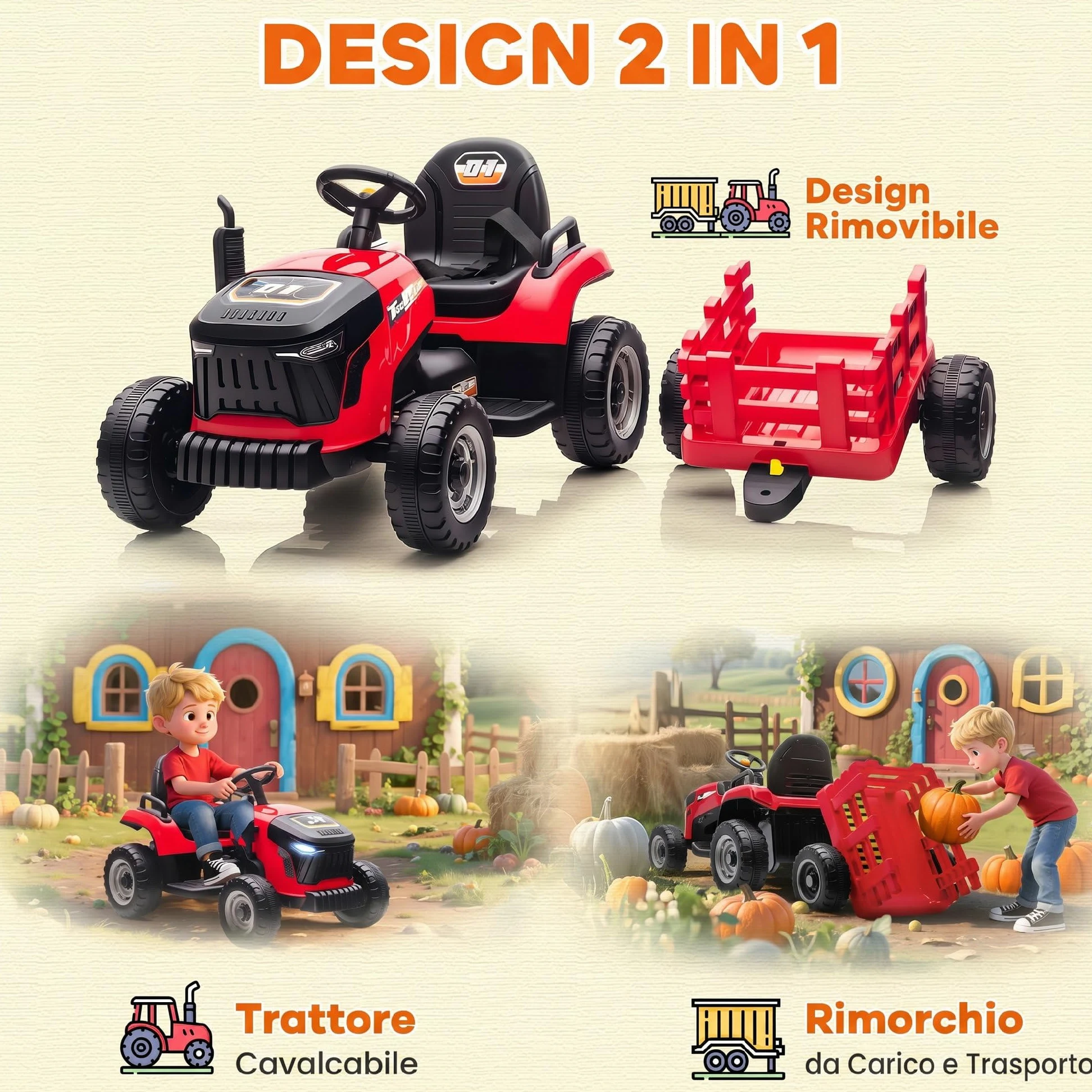 AIYAPLAY 2 in 1 Trattore Elettrico per Bambini 12V con Rimorchio Rosso | 3-8 Anni, Rimorchio Staccabile, Auto Elettrica Cavalcabile per Bambini, Telecomando, Cintura di Sicurezza, Musica, Luci LED