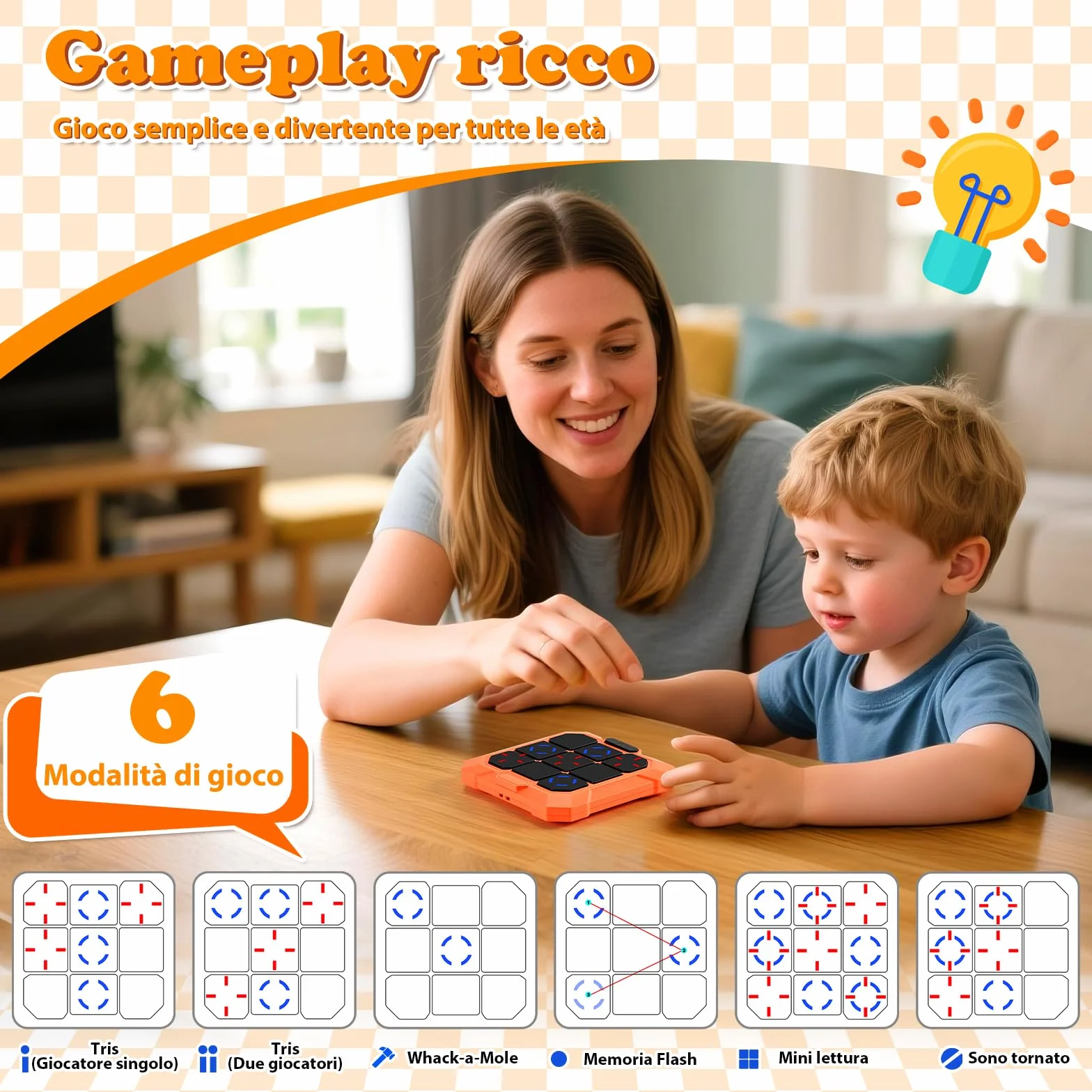 BlueSwan Gioco Tris Elettronico 6 in 1, Console Portatile Ricaricabile con Modalità Silenziosa, Giochi Bambini Viaggio Educativi per Sviluppare Logica e Memoria, per Bambini e Adulti 3+