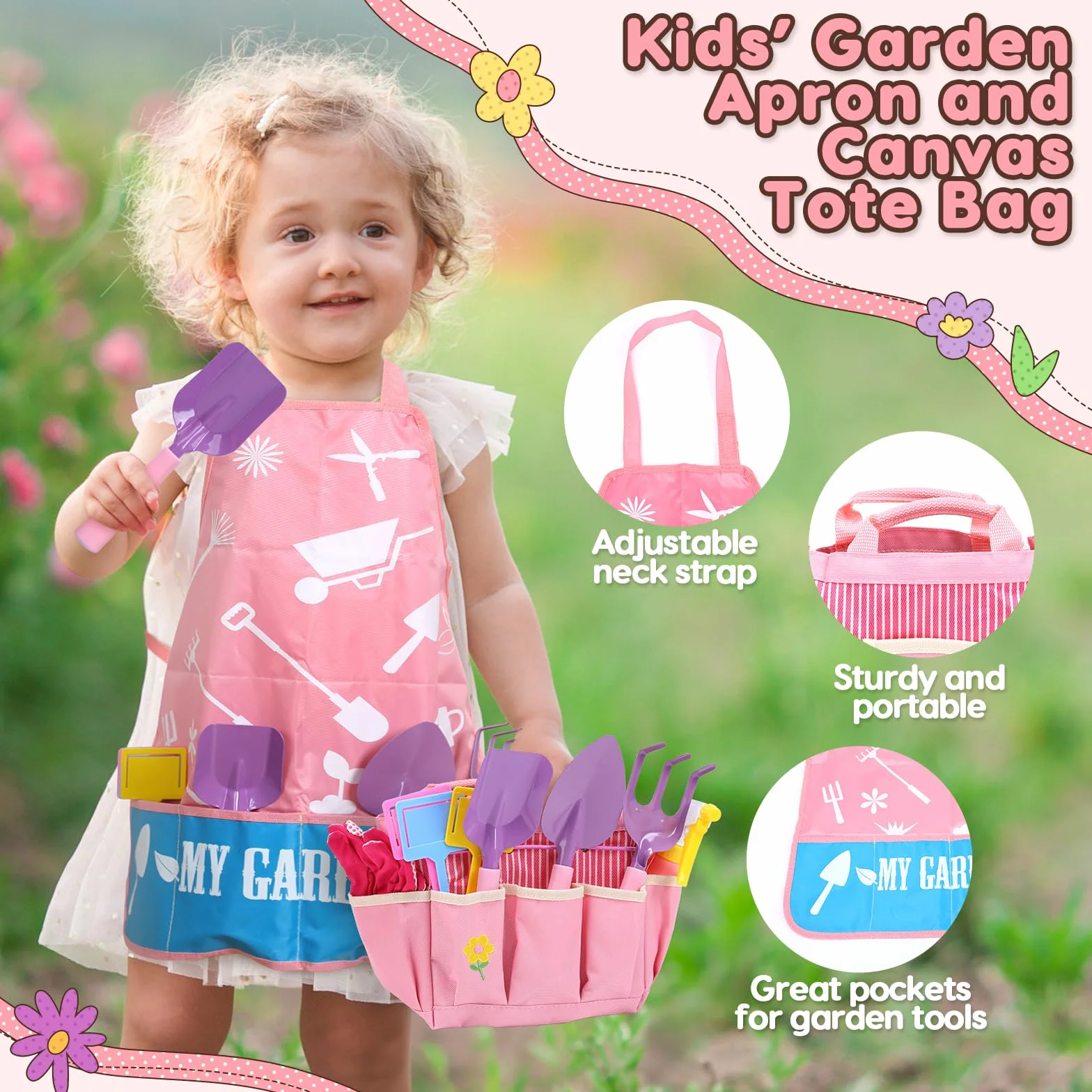 CUTE STONE Set Di Attrezzi Da Giardino per Bambini, Kit Giardinaggio Bambini Include Grembiule, Guanti Da Giardino, Paletta Giardinaggio, Borsa Da Giardinogiocattoli da esterno per bambini (Rosa).