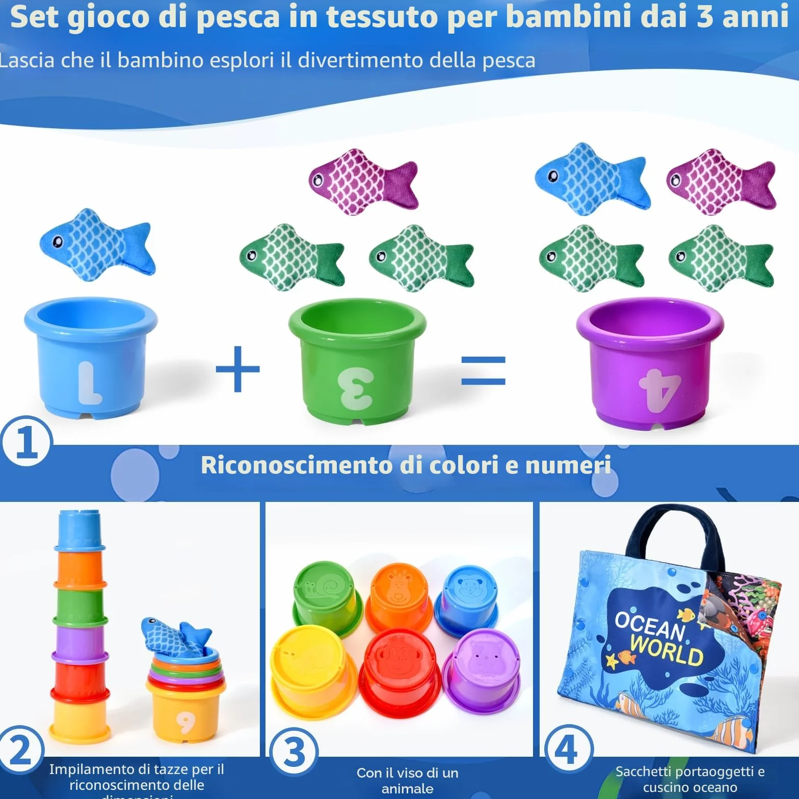Gioco Montessori Pesca per Bambini 1-3 Anni - 12 Pesci Morbidi con Retino, Giocattolo Educativo per Sviluppo Motricità Fine e Coordinazione, Neonati 12-18 Mesi e Bambini