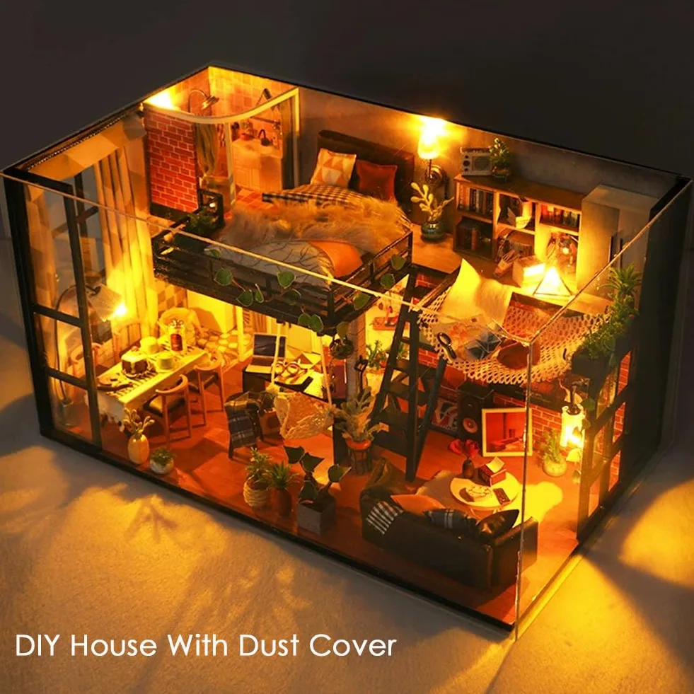 Kit fai da te in miniatura per casa delle bambole con copertura antipolvere, kit fai da te per casa delle bambole in legno per stanza creativa, mini kit di costruzione per adulti