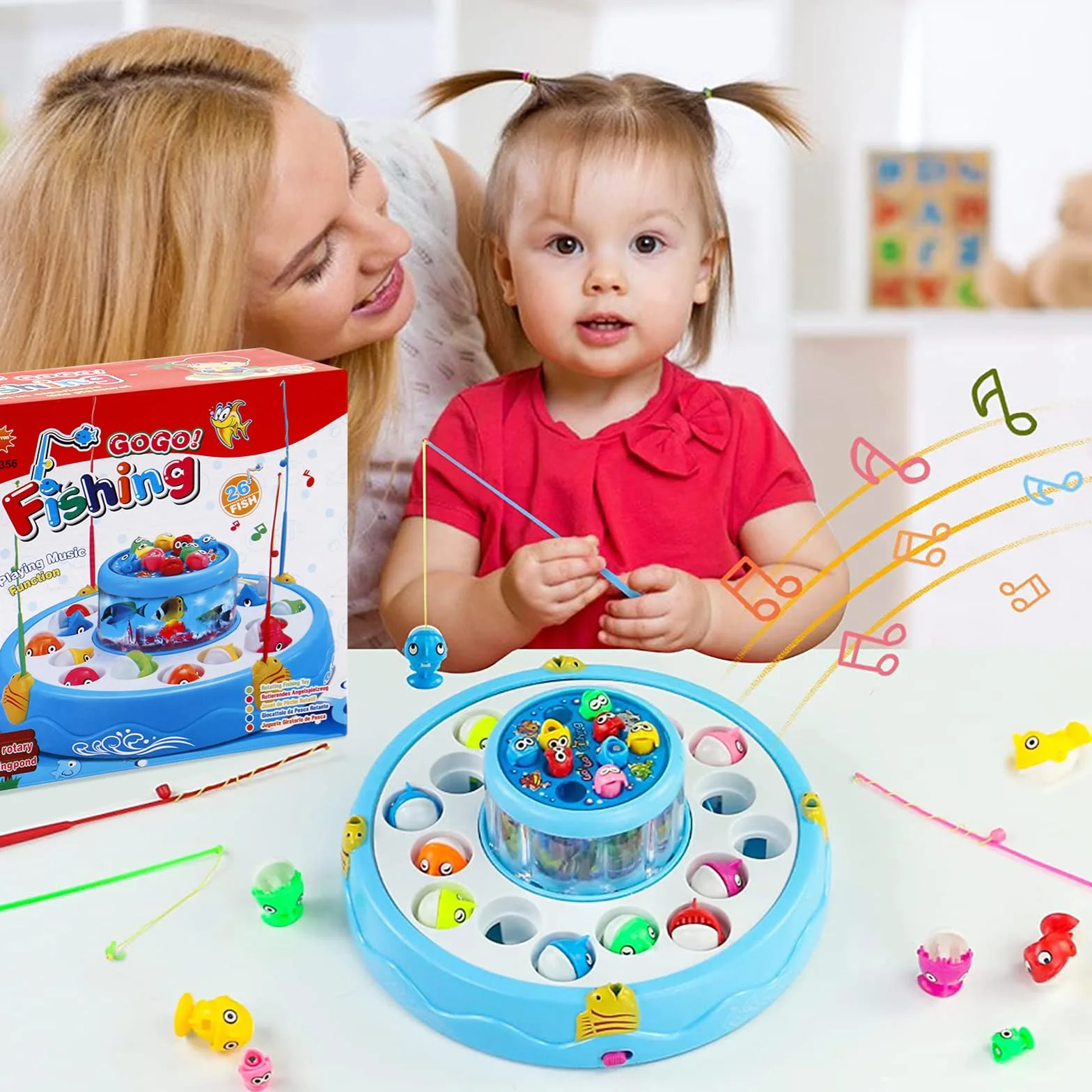 Gioco Pesca Pesci Calamita Magnetico 2 in 1 con 26 Pesciolini e 4 Canna da Pesca Regalo Bambini 2-5 Anni