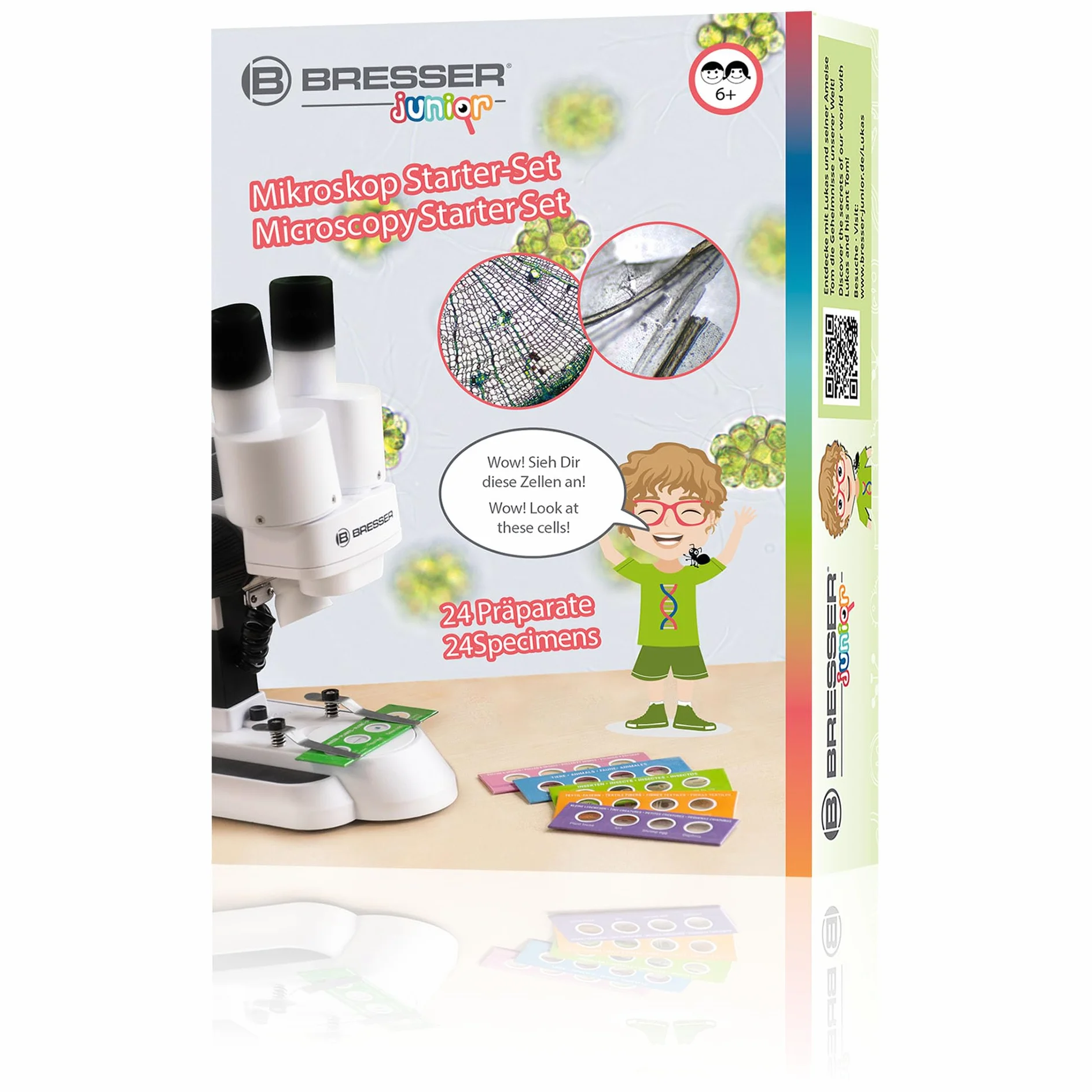 BRESSER 8859470 Junior Esperimento al Microscopio con 24 Preparati Permanenti per Animali, Piante, Insetti, Fibre e Polline