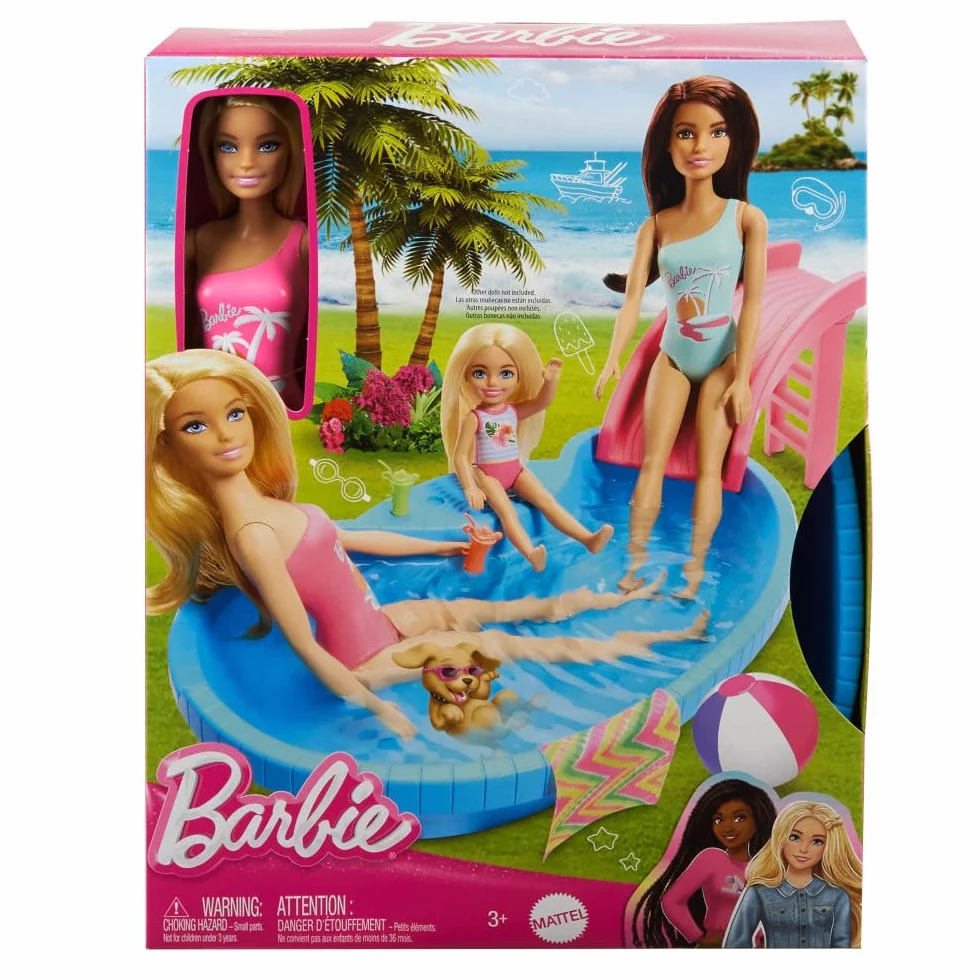 Barbie - Playset Piscina, con bambola bionda in costume rosa intero con stampa tropicale, include piscina, scivolo, telo e bevande, giocattolo per bambini, 3+ anni, HRJ74