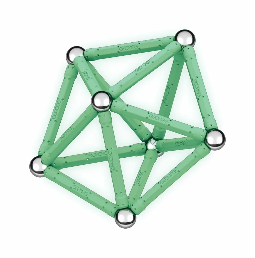 Geomag, Glow Recycled, Costruzioni Magnetiche Effetto Glow, Barrette Magnetiche che si Illuminano al Buio, Confezione da 60 Pezzi, Plastica 100% Riciclata