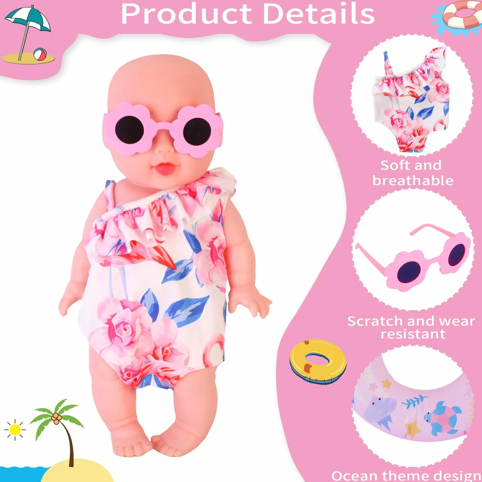 Set da Nuoto per Bambole con Costume da Bagno per Bambole, Occhiali da Sole Bambola Rosa, Anello per Il Nuoto Bambolotto, Costumi da Bagno per Bambole 35-45 cm, Accessori per Bambole (A)