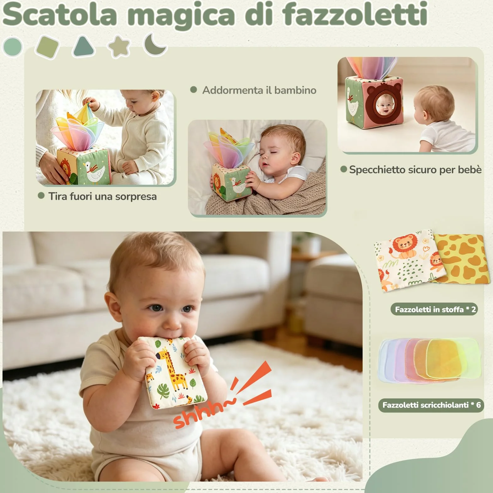 Giochi Montessori 6 Mesi 5 in 1 con Scatola Fazzoletti, Impilabili, Classificazione, Tirare Corda Regalo Bambino 8-12 Mesi