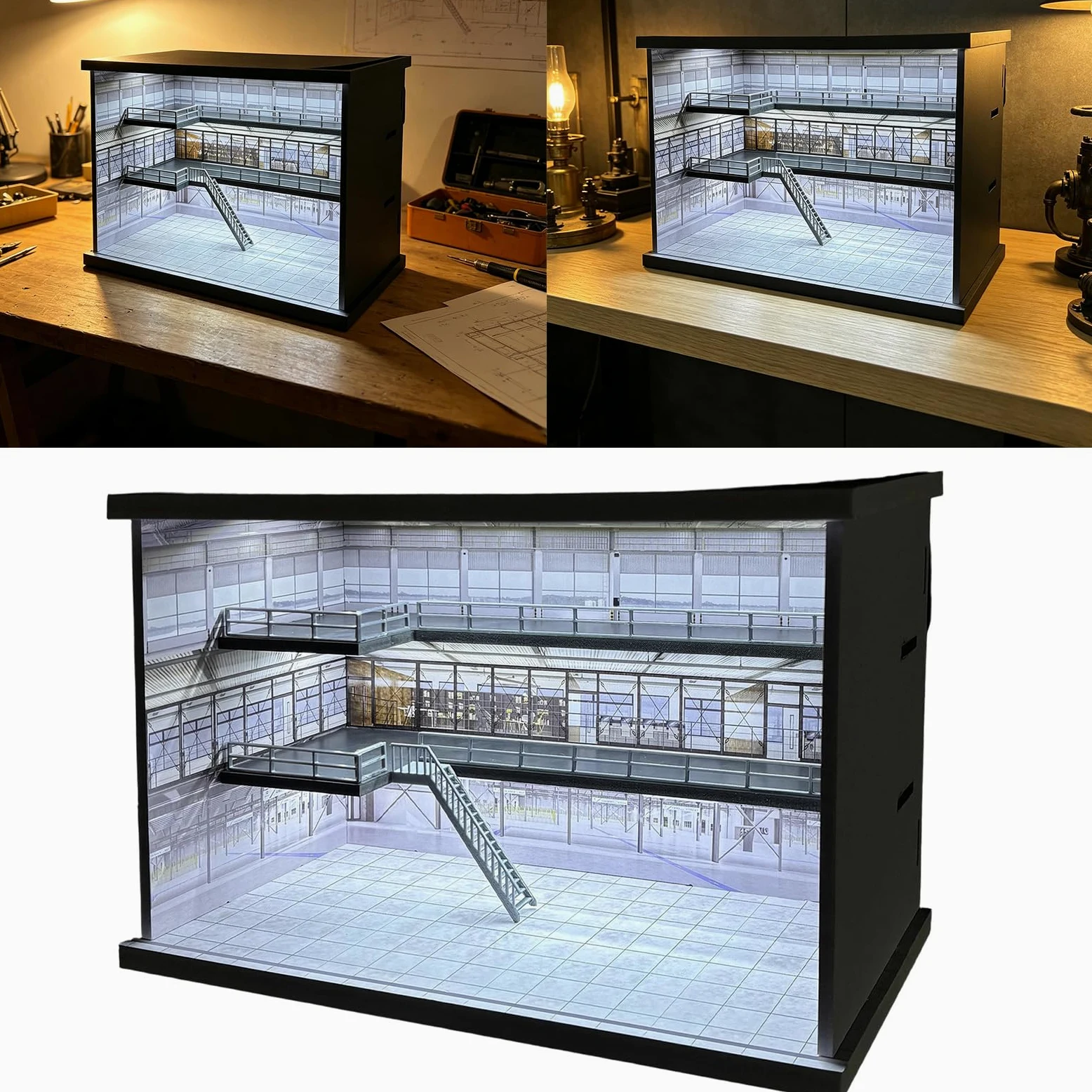 Vetrina per auto modello desktop, M008901 | Scala 1/64 illuminato parcheggio garage layout con struttura in PVC e copertura anteriore trasparente