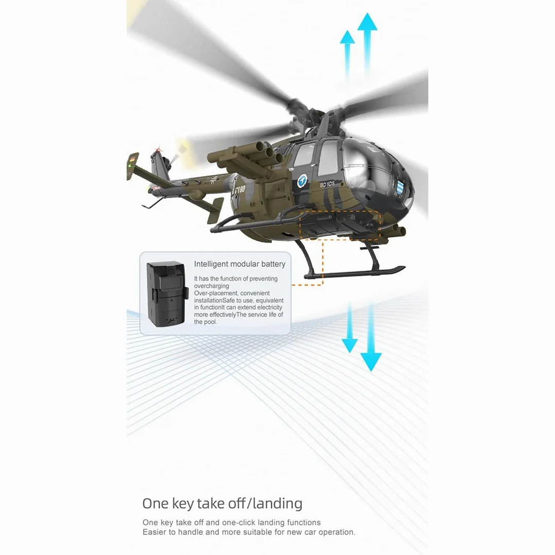 Elicottero RC 1/25, elicottero C180, 2,4 GHz 6 CH Flybarless modello elicottero con barometro, TOF LiDAR, posizionamento ottico e supporto missilistico, modello militare elicottero, RTF