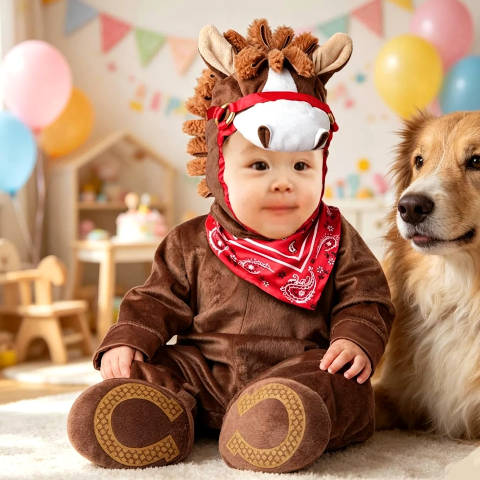 F Fityle Costume da Cucciolo di Animale per Halloween, Travestimento Originale per Feste, Divertente Tuta con Cappuccio per Cosplay e Giochi di Ruolo per, Cavallo Marrone, XL