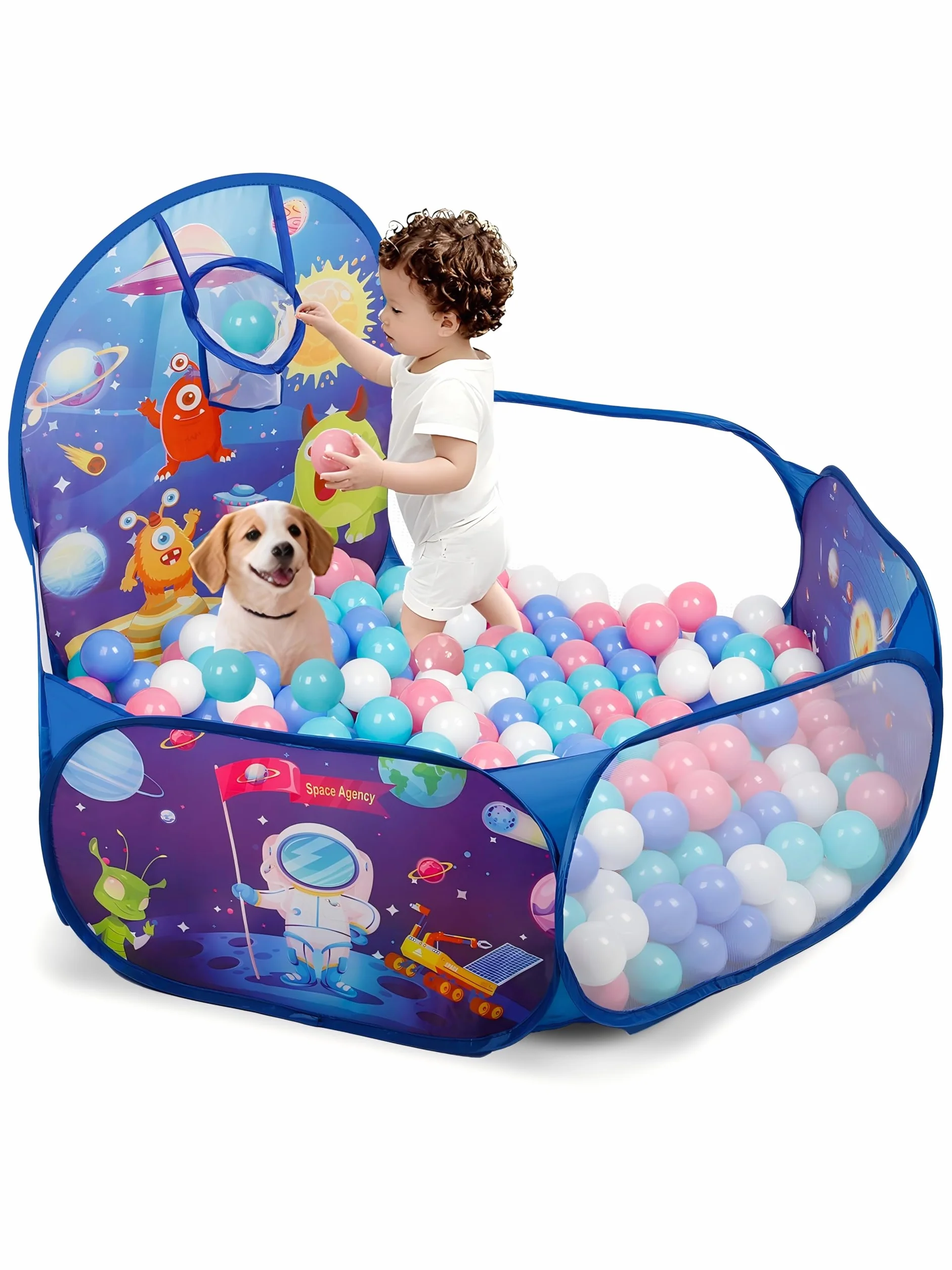 ZimiTeda Vasca Palline per Bambini con Gattini e Cagnolini - con Canestro da Basket, Pieghevole, per Interni/Esterni - 120 cm (Palline Non Incluse) (Space Rocket)