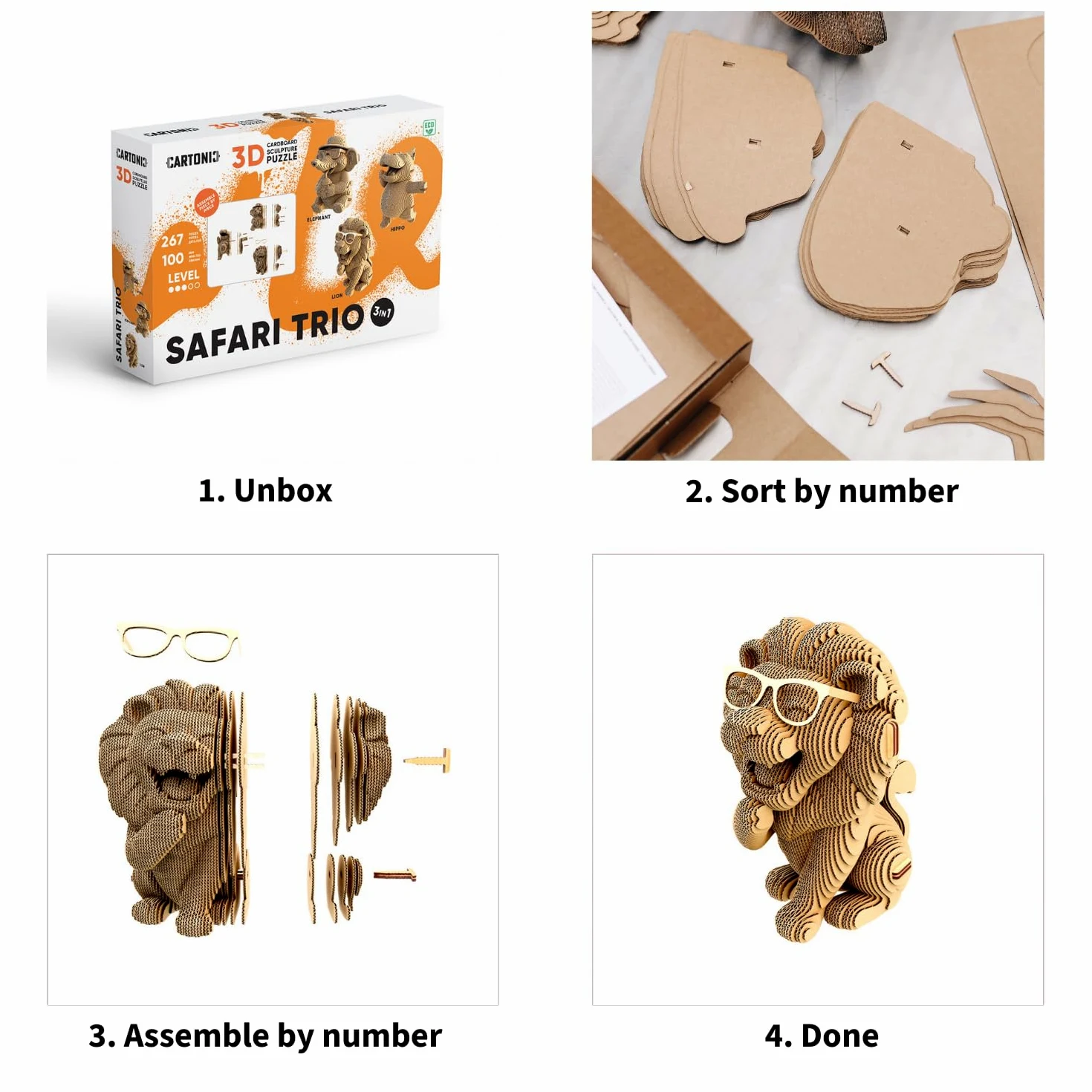Safari Trio Set Puzzle 3D in Cartone – 3 Modelli, 267 Pezzi, con Materiali Riciclati, Sculture Fai da Te | 267 Pezzi, Kit Fai da Te in Cartone Riciclato da Montare e Dipingere – Adolescenti e Adulti, Idea Regalo Creativo