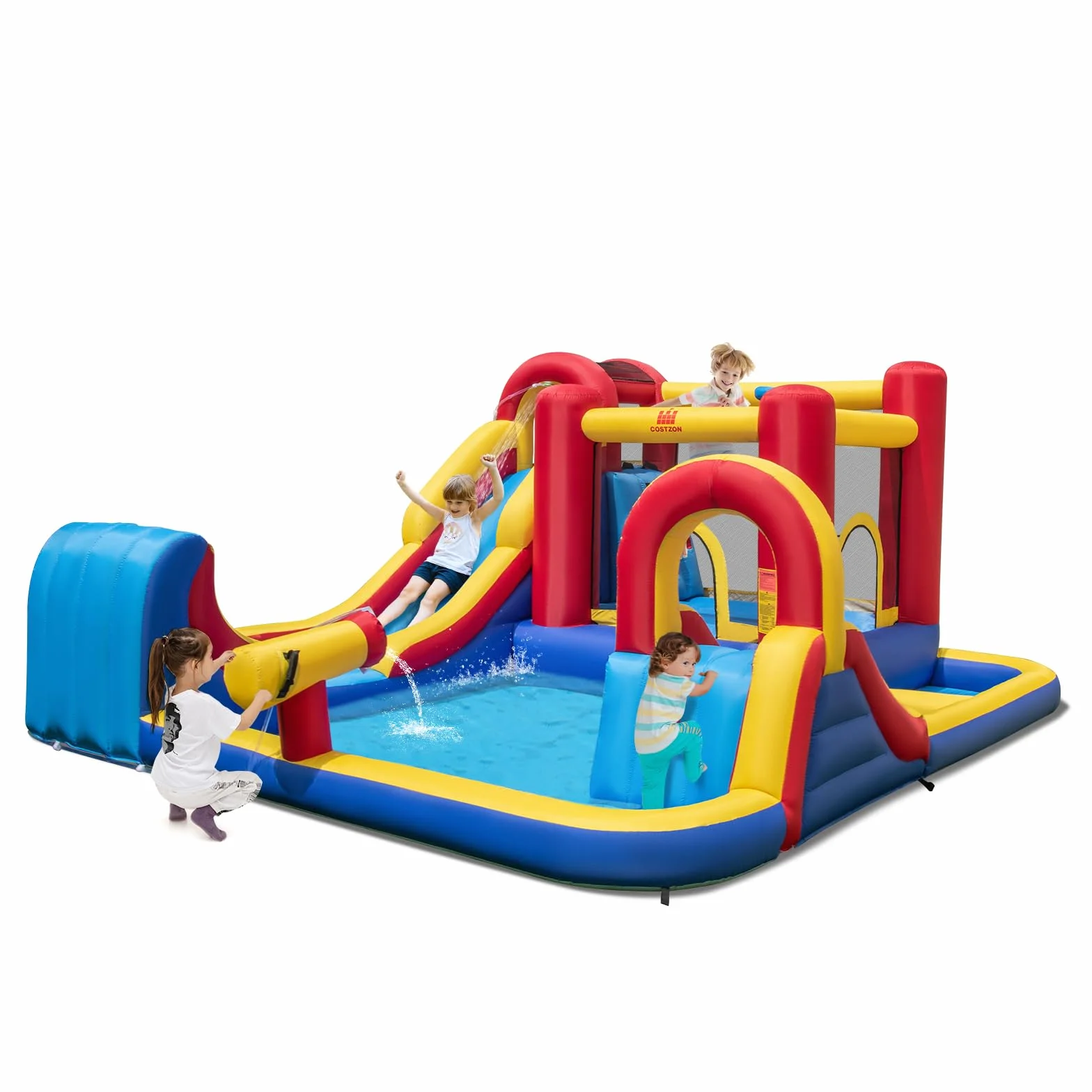 COSTWAY Castello Gonfiabile per Bambini, Parco Acquatico Gigante con Doppi Scivoli d'Acqua, 2 Piscine, Area Salto, Canestro e Parete da Arrampicata, 450 x 392 x 216 cm