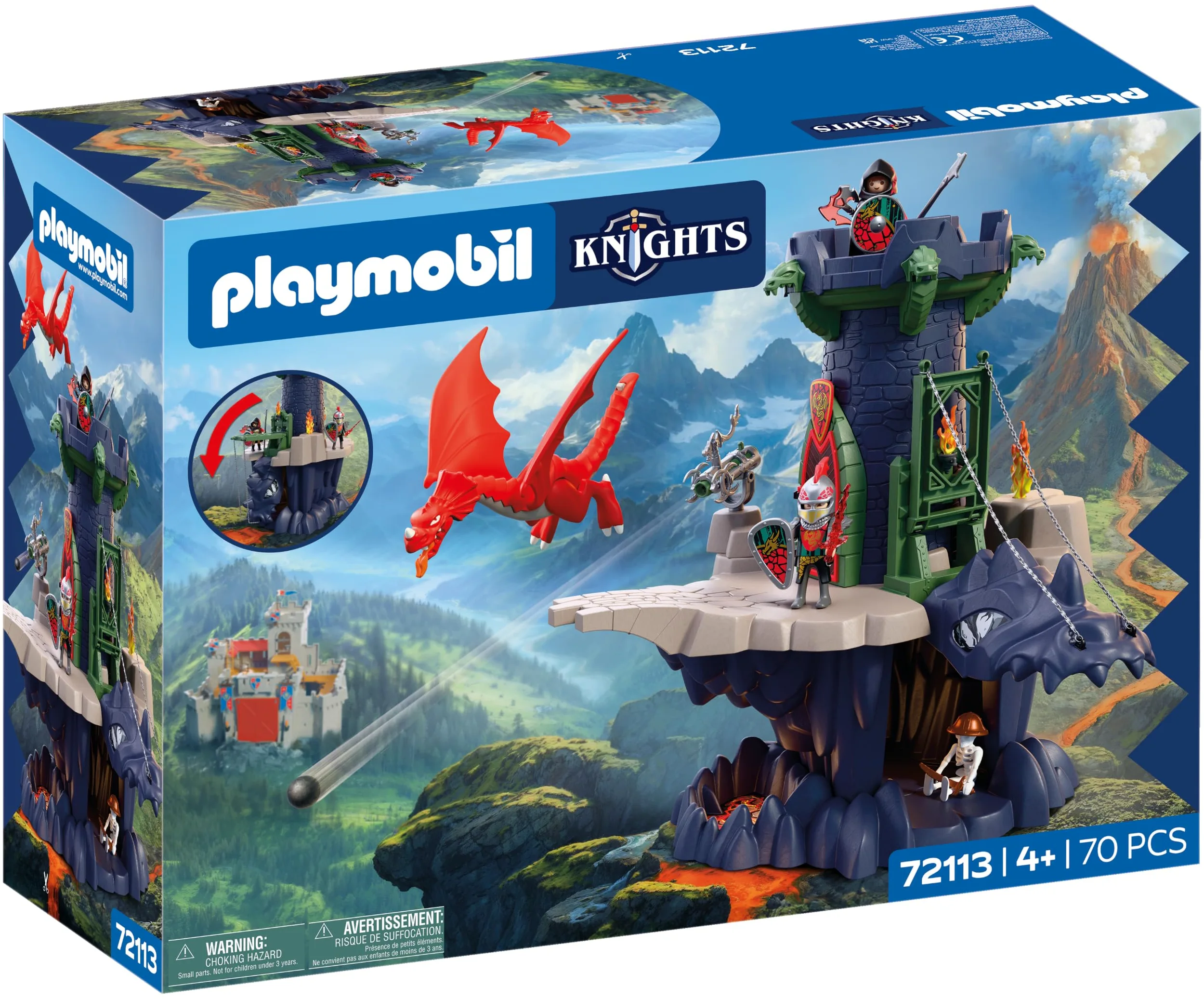 PLAYMOBIL | Cavalieri | Torre del Cavaliere del Drago | Torre con drago, ponte levatoio e grotta a forma di testa di drago | Giocattolo castello per bambini dai 4 anni in su | 72113