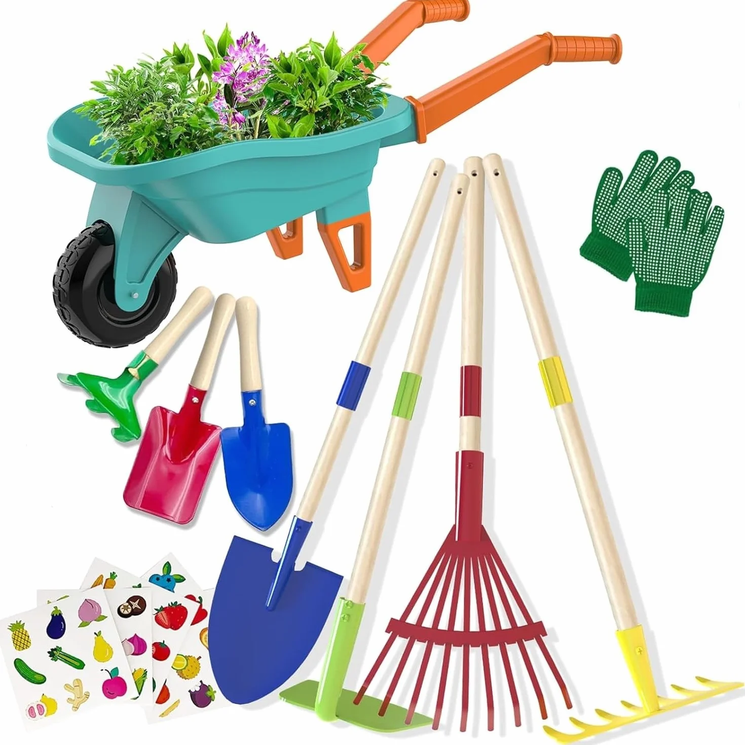 LATERN Set di Attrezzi da Giardinaggio per Bambini, 70CM Carriola con 70CM Metallo Pala Rastrello Zappa Foglie Rastrello 20CM Pala Rastrello Guanti per Esterni Giardino Cortile Prato Scavare Giocare