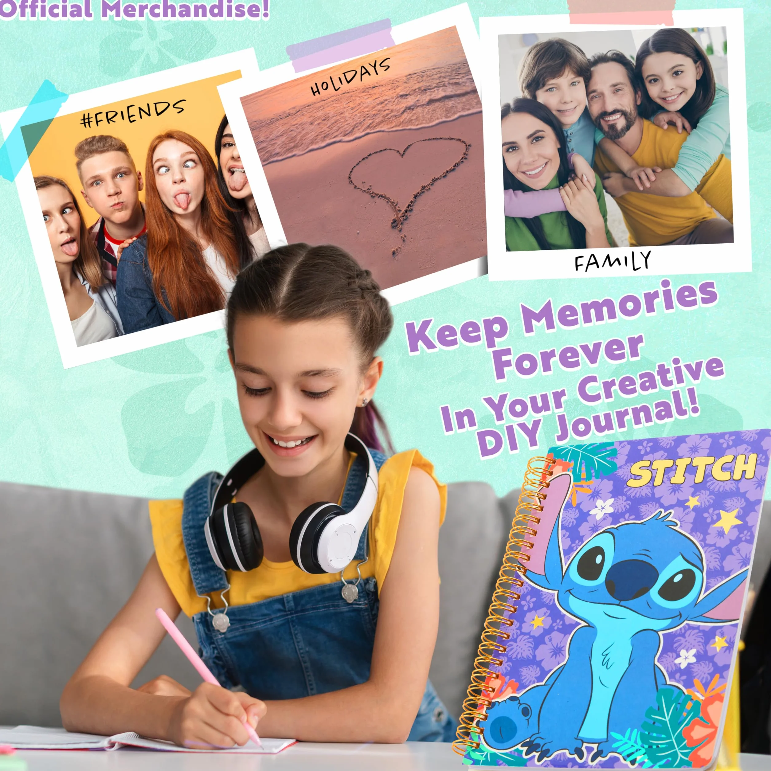 Disney Stitch DIY Kit Taccuino Bambini Adolescenti Quaderno Spirale A5 Disegno Stickers Note Adesive Portachiavi Penne Colorate, Idea Regalo