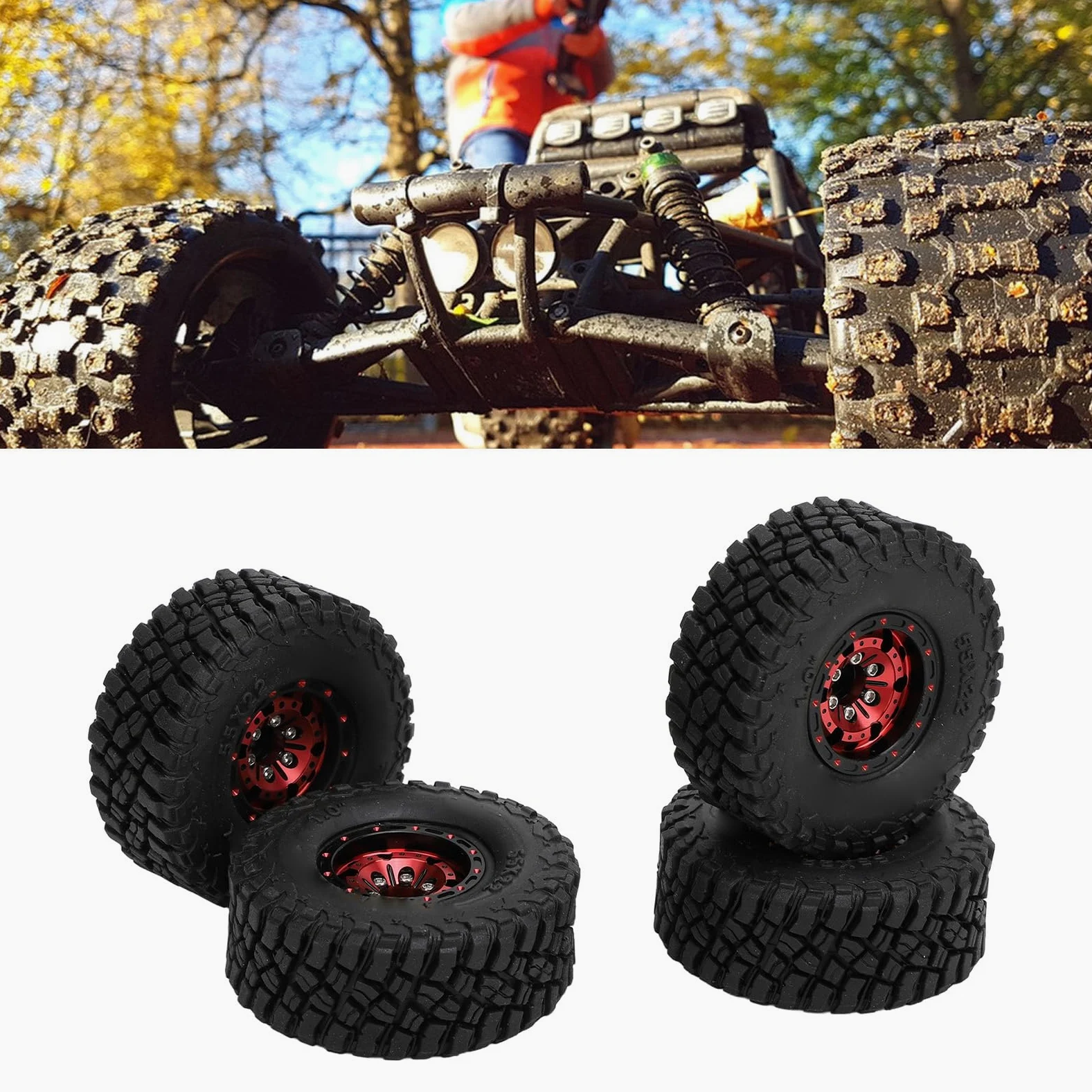 POENVFPO Pneumatici RC, Cerchi in Lega di Alluminio con Battistrada in Gomma Ad Alta Aderenza, Offset Negativo, per Modellini Crawler in Scala 1/18 e 1/24. (rosso)