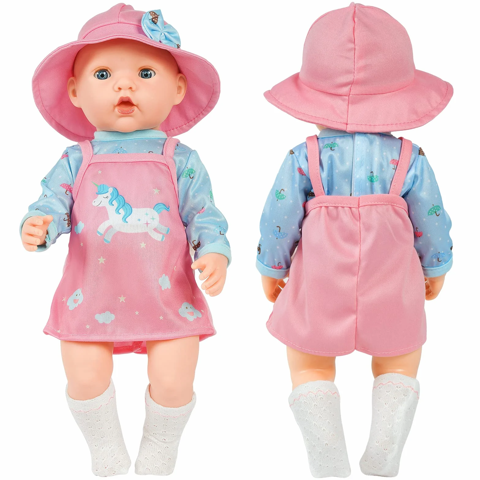 Aolso Vestiti per Bambole per New Born Baby Doll, Abito per Bambolotti 35-45CM, Vestito Stampa con Cappello, con 1 paio di Calzini e 1 Gruccia, Rosa e Blu (Bambola non Inclusa)