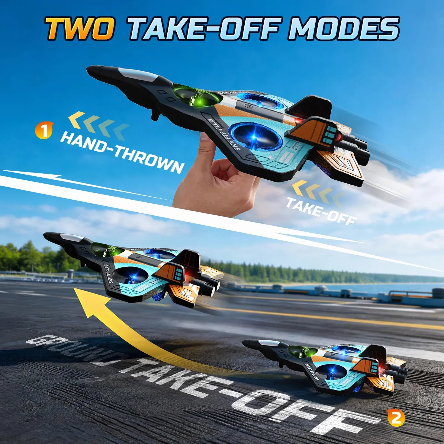 DEERC Aereo in schiuma RC per bambini, aereo radiocomandato in altezza, clip 3D e luci a LED, 2 batterie, aereo RC adatto ai principianti per ragazzi e ragazze (blu-arancio)