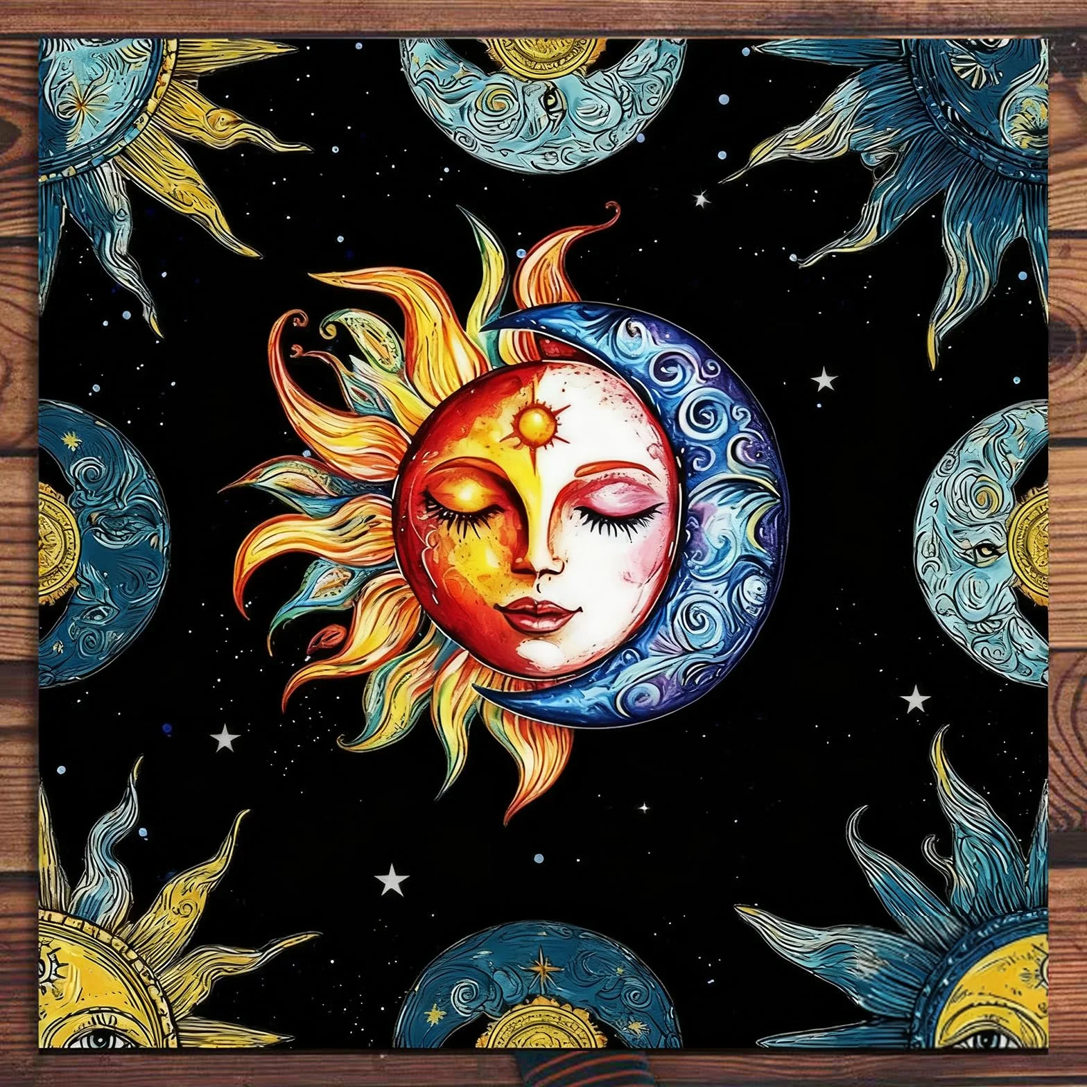 Mantello per Carte dei Tarocchi Nero con Simboli della Luna e del Sole, Tappetino da Lettura per Divinazione