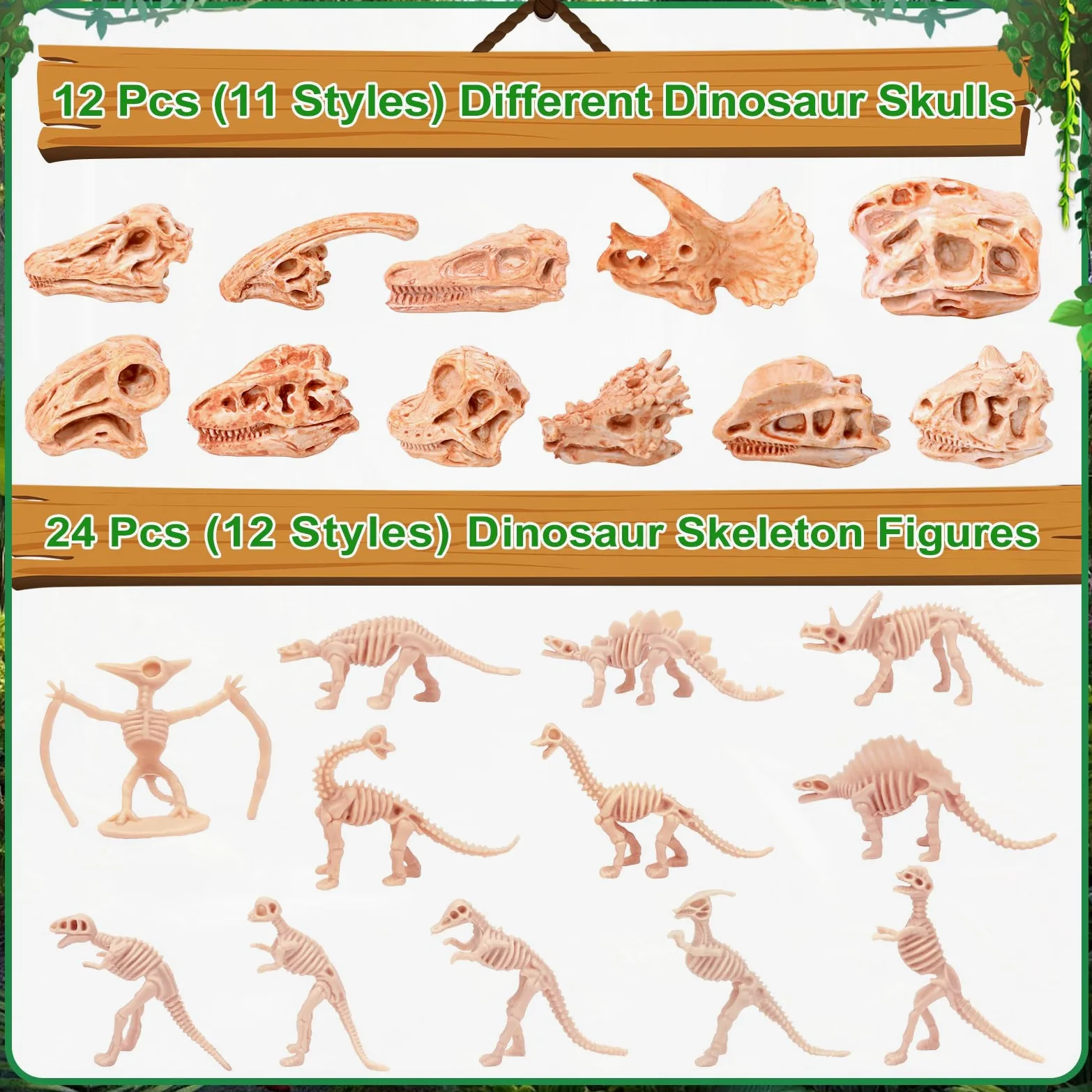 66 pezzi di osso di dinosauro da 9,4 cm per sandbox, 24 scheletro fossile, 12 teschio di plastica, 24 mini uova di dinosauro, 6 ossa, scavo di sabbia per cestino sensoriale, festa di compleanno