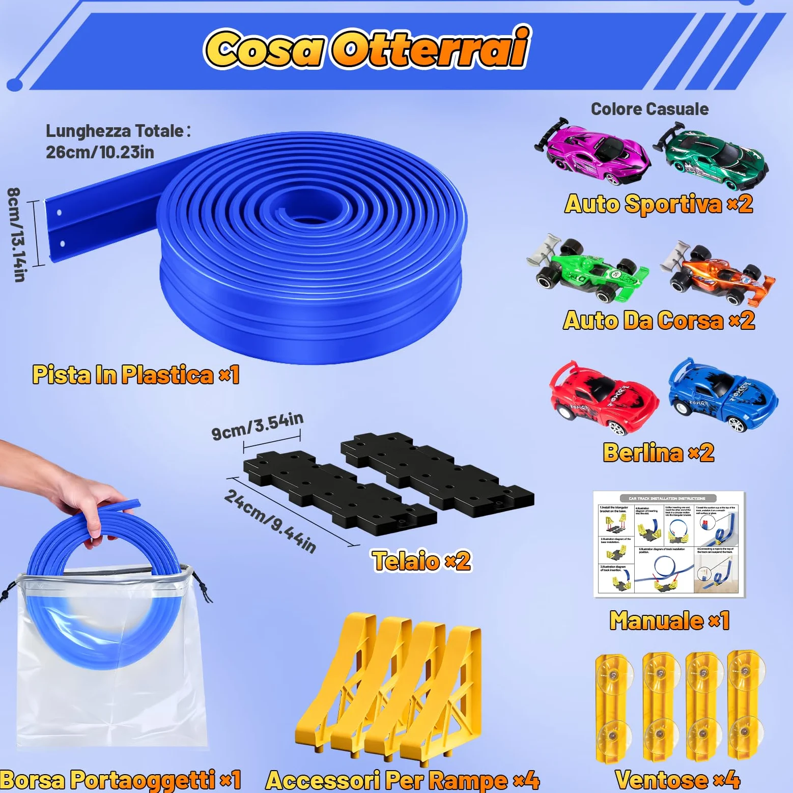Pista Macchinine 5M Pista Flessibile Macchinine 4 Macchinine 2 Rampe 1 Borsa Portaoggetti 4 Ventose Regalo Flexible Car Track per Bambini 4 5 6 7 Anni (Blu)