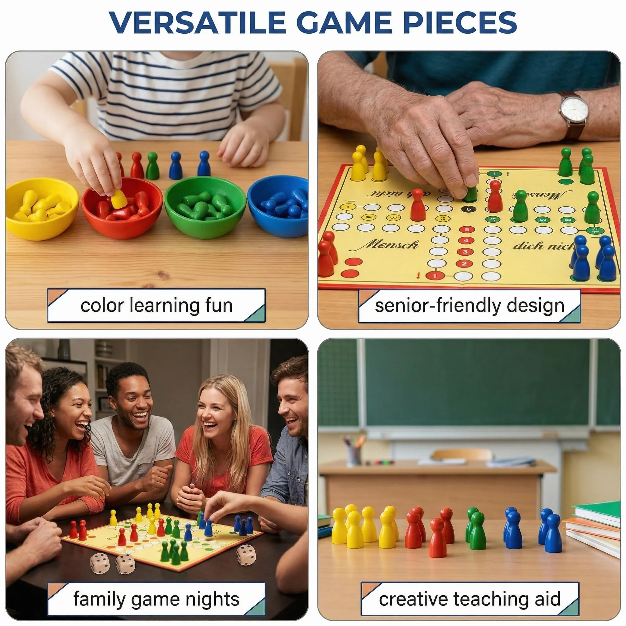 Pedine Gioco da Tavolo in Legno Colorate, 32pz Extra Grandi + 2 Dadi | Ricambio Universale per Ludo, Dama, Bambini e Anziani