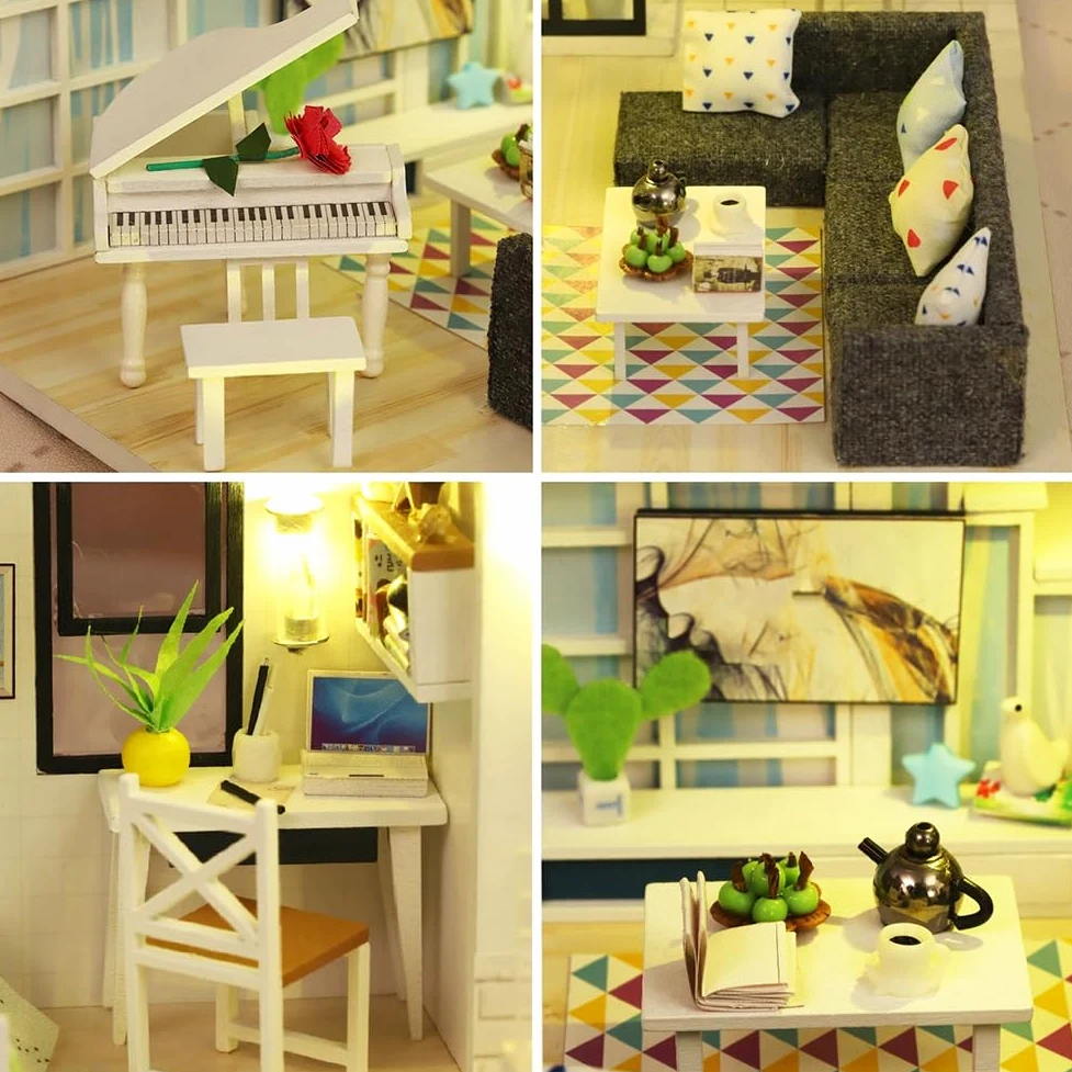 Kit fai da te in miniatura per casa delle bambole a 2 piani, modello moderno in legno con luci a LED, kit di costruzione fai da te, regalo creativo per hobby per adulti e ragazzi