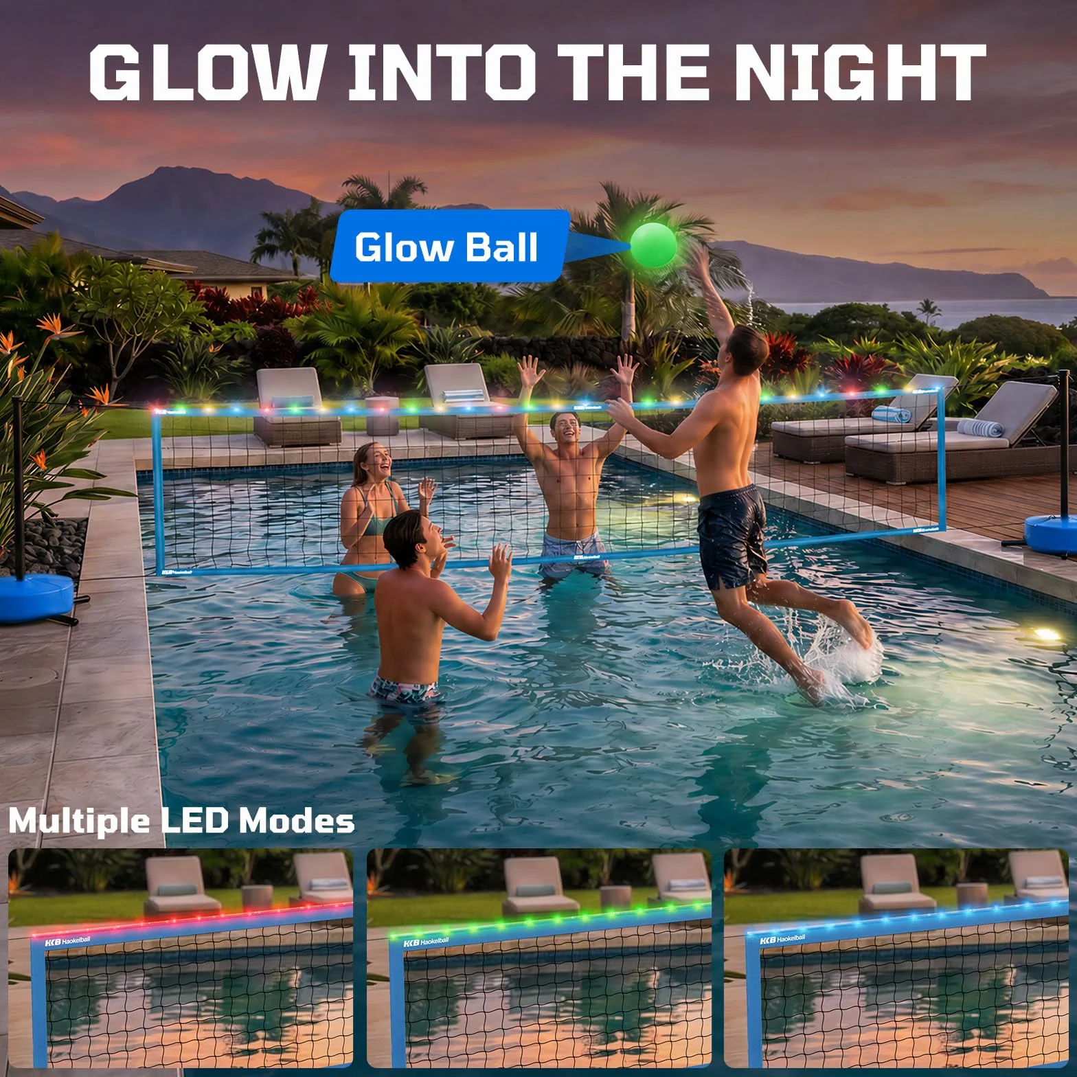 Haokelball Rete da pallavolo da piscina con luce, set da pallavolo da 4,5 a 9,5 m, lunghezza regolabile, rete da pallavolo per piscina con base ponderata, 2 palline da pallavolo Glow e pompa per