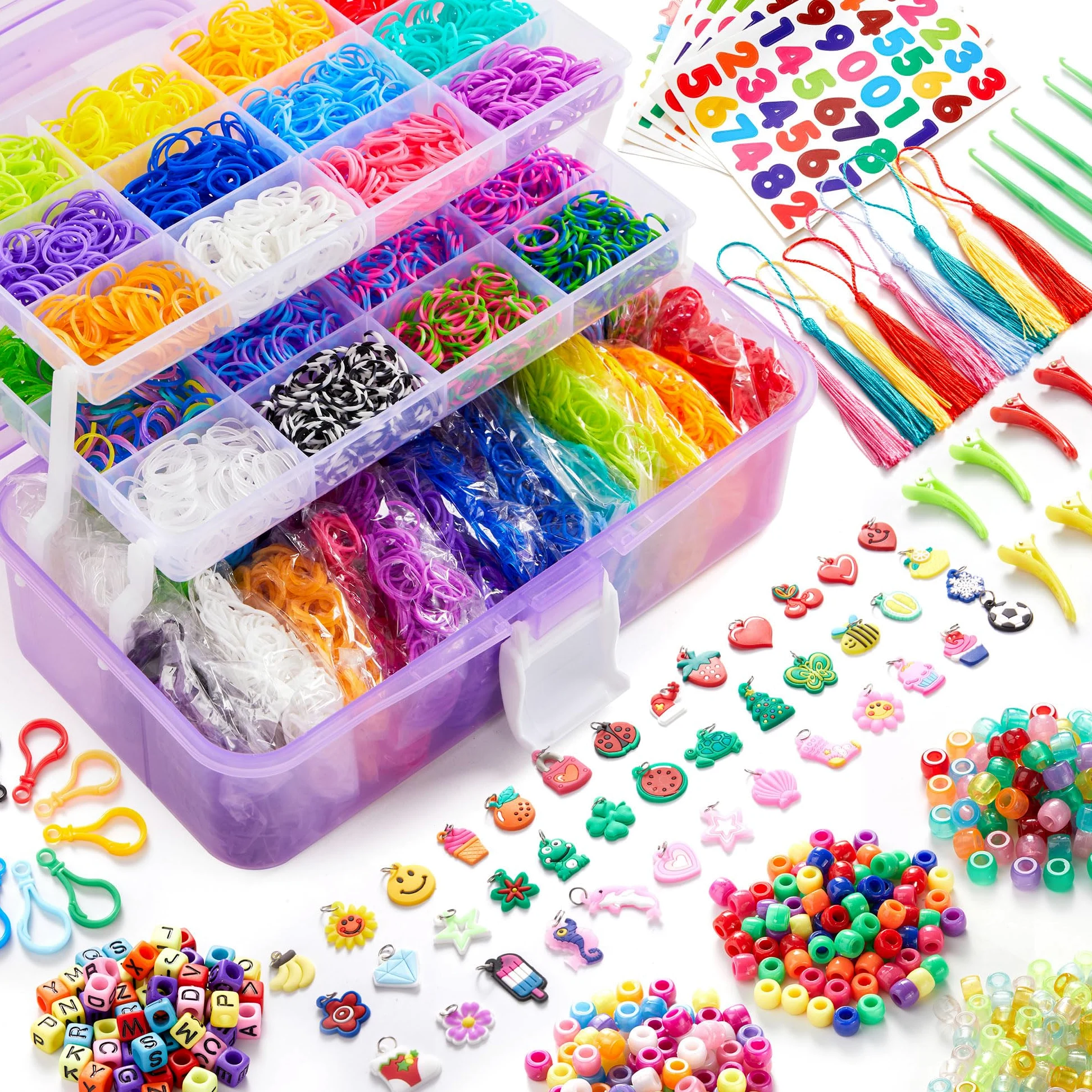 INSCRAFT 17490+ elastici in gomma, kit di ricarica per braccialetti in 28 colori, con contenitore a 3 strati, 600 clip a S, 352 perline, 40 ciondoli a forma di cartone animato, regalo di Natale per