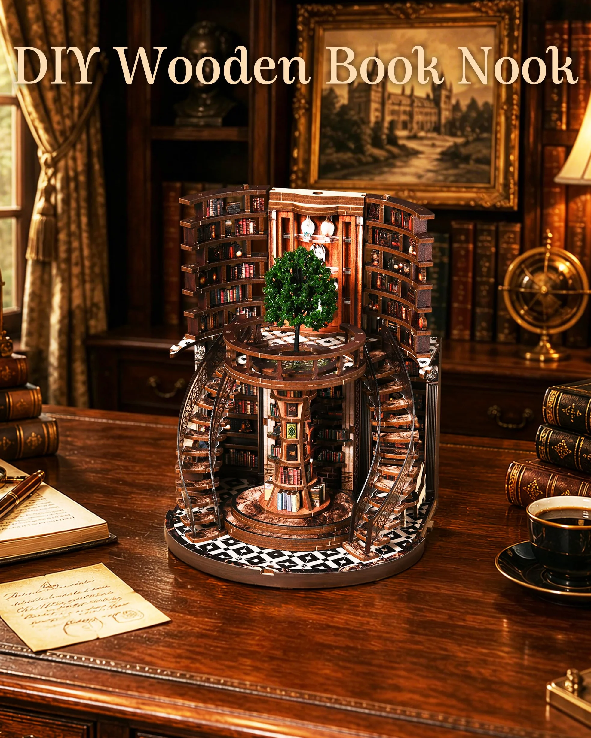 Book Nook, kit libreria, puzzle in legno 3D fai da te, con luce e protezione antipolvere | Libreria storica, 356 pezzi, illuminazione touch, protezione antipolvere in acrilico, circa 13,5 x 16,5 x 21 cm