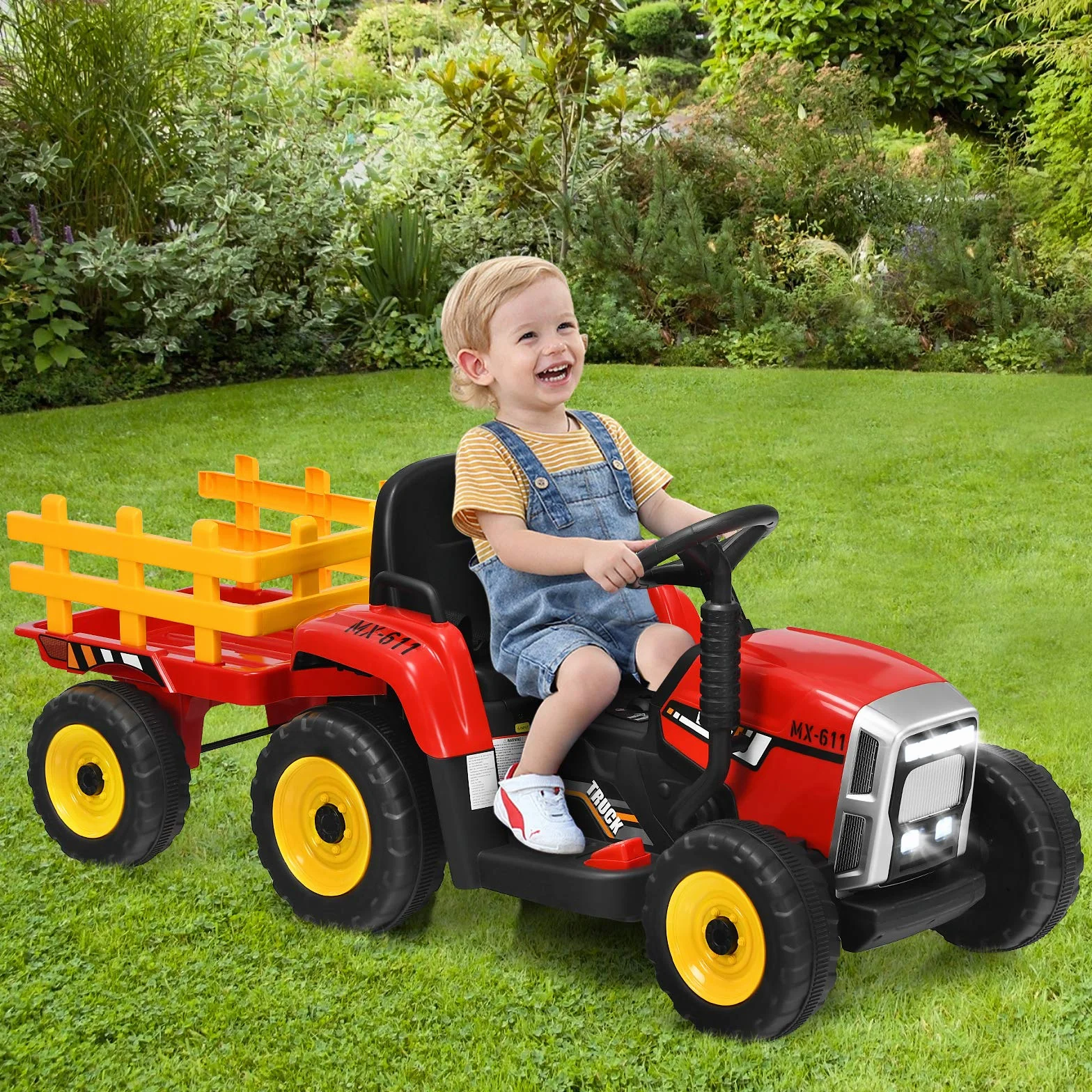 COSTWAY Trattore con Rimorchio Cavalcabile per Bambini 12V, Trattore Elettrico Telecomandato, con Luci e Suoni, 30kg, 3+ Anni (Rosso)