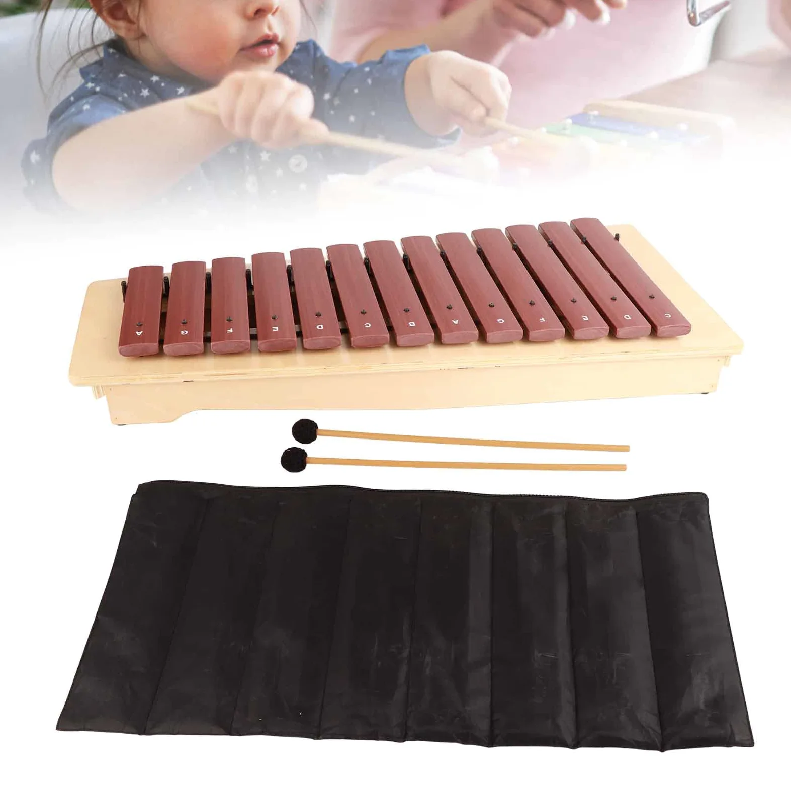 Xilofono Strumento Musicale in Legno Giocattolo Percussioni Ad Alto Tono per Bambini Gioca a 13 Toni Rossi con Custodia