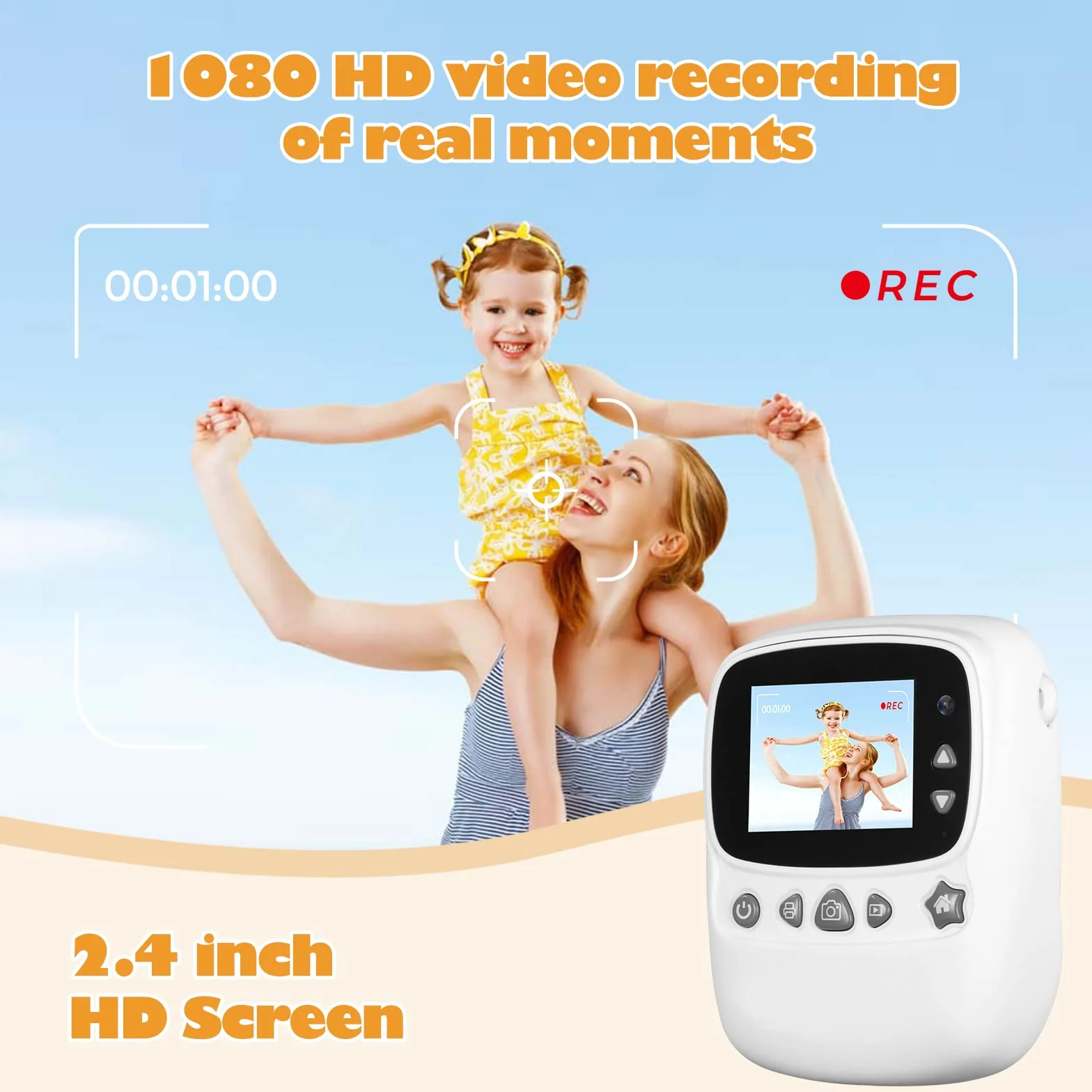 Fotocamera per Bambini, 30 MP, Doppia Fotocamera, Stampa in Bianco e Nero, Schermo da 2,4 Pollici, Scheda TF da 32 GB, Bianca