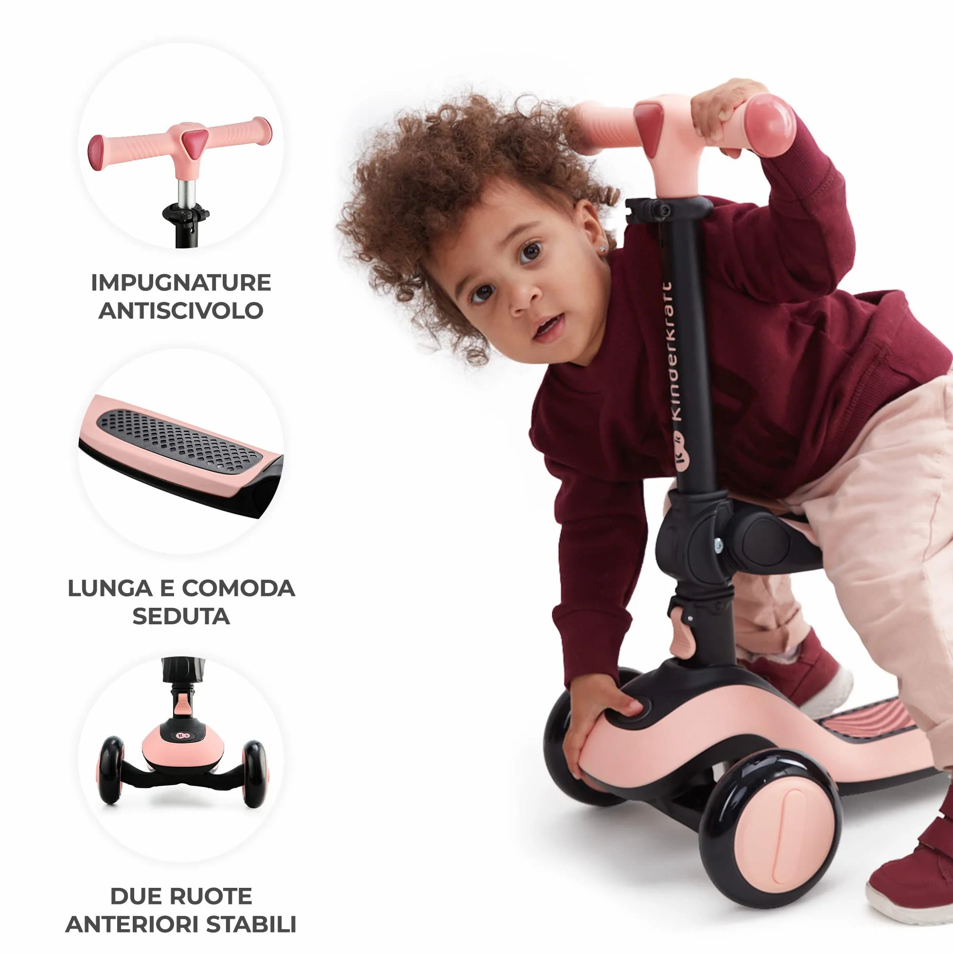 Kinderkraft HALLEY 2 in 1 Bicicletta Senza Pedali e Monopattino con Ruote LED, Rosa