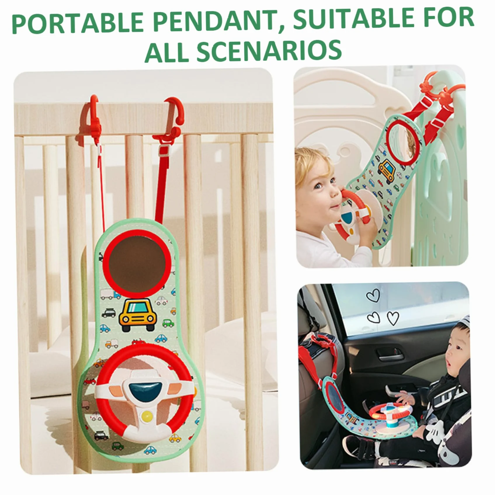 Volante per Bambini Giocattolo Volante per Bambini per seggiolino Auto Rotazione a 360° Auto con Specchio, Musica, luci e Suoni di Guida, Giocattoli per Passeggino
