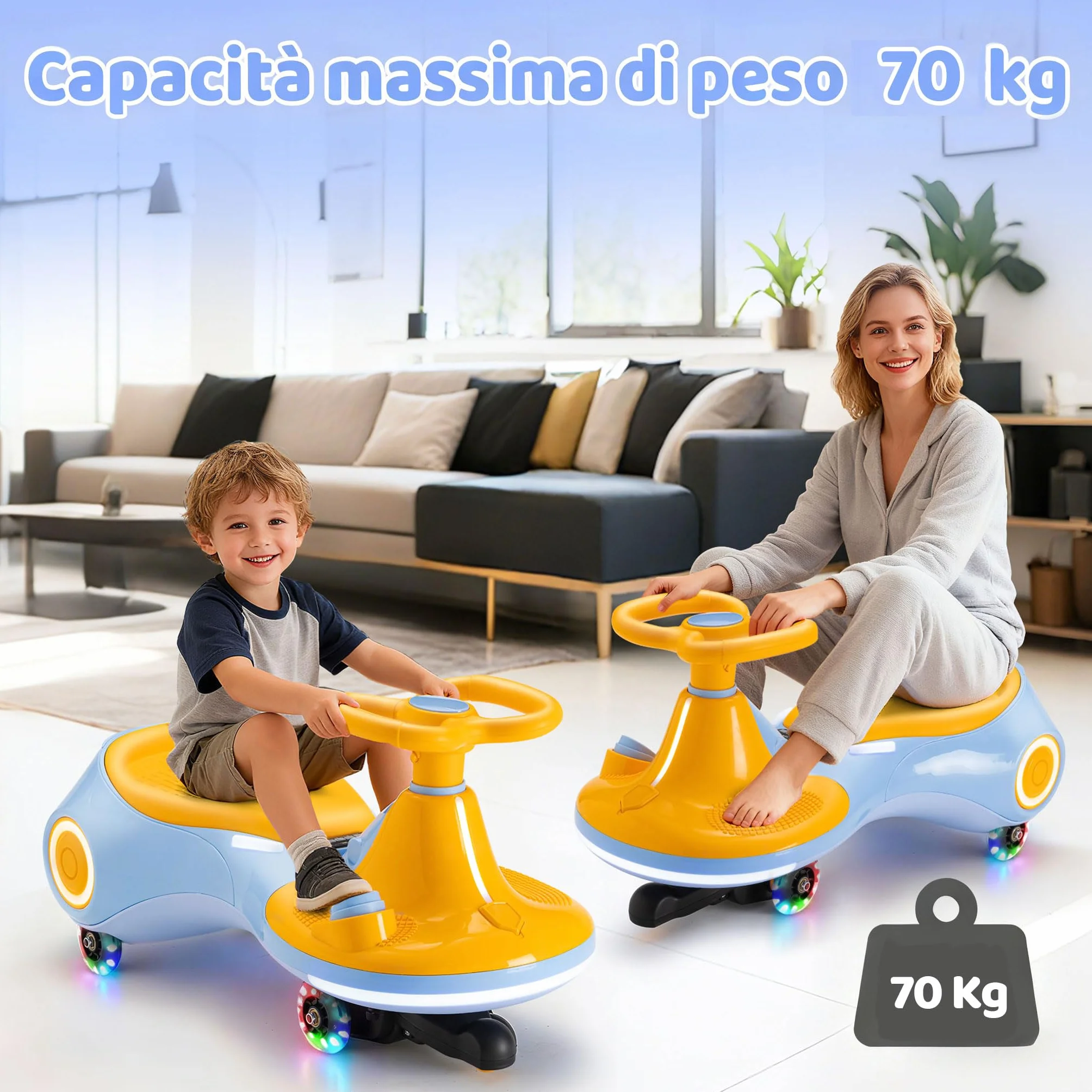 Auto a dondolo elettrica per bambini 12V 3-in-1 batteria ricaricabile anti-ribaltamento ruote luminose musica