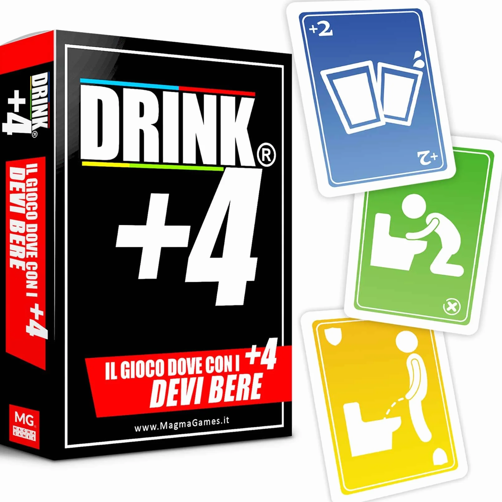 Magma Games DRINK +4 - Giochi Alcolici da uno a +12 Giocatori, Gioco Alcolico per Adulti con Carte Divertenti, Drinking Game da Sbronzami con Shottini per Addio al Nubilato, Celibato, Feste, Roulette