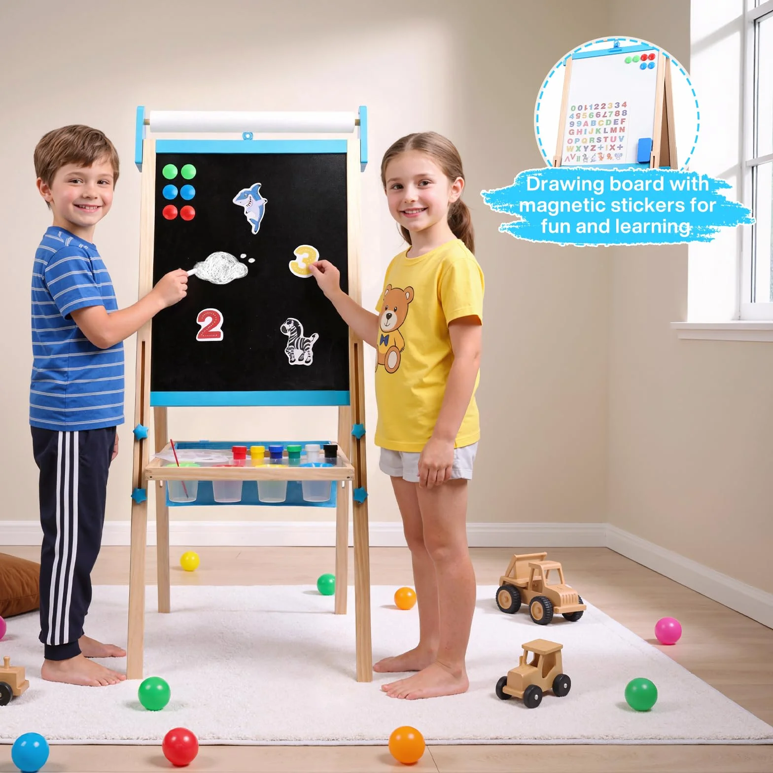 Lavagna per Bambini 3 in 1 Cavalletto Regolabile 115-134cm Legno Massello Magnetica e Bianca con Rotolo Carta 13 Accessori